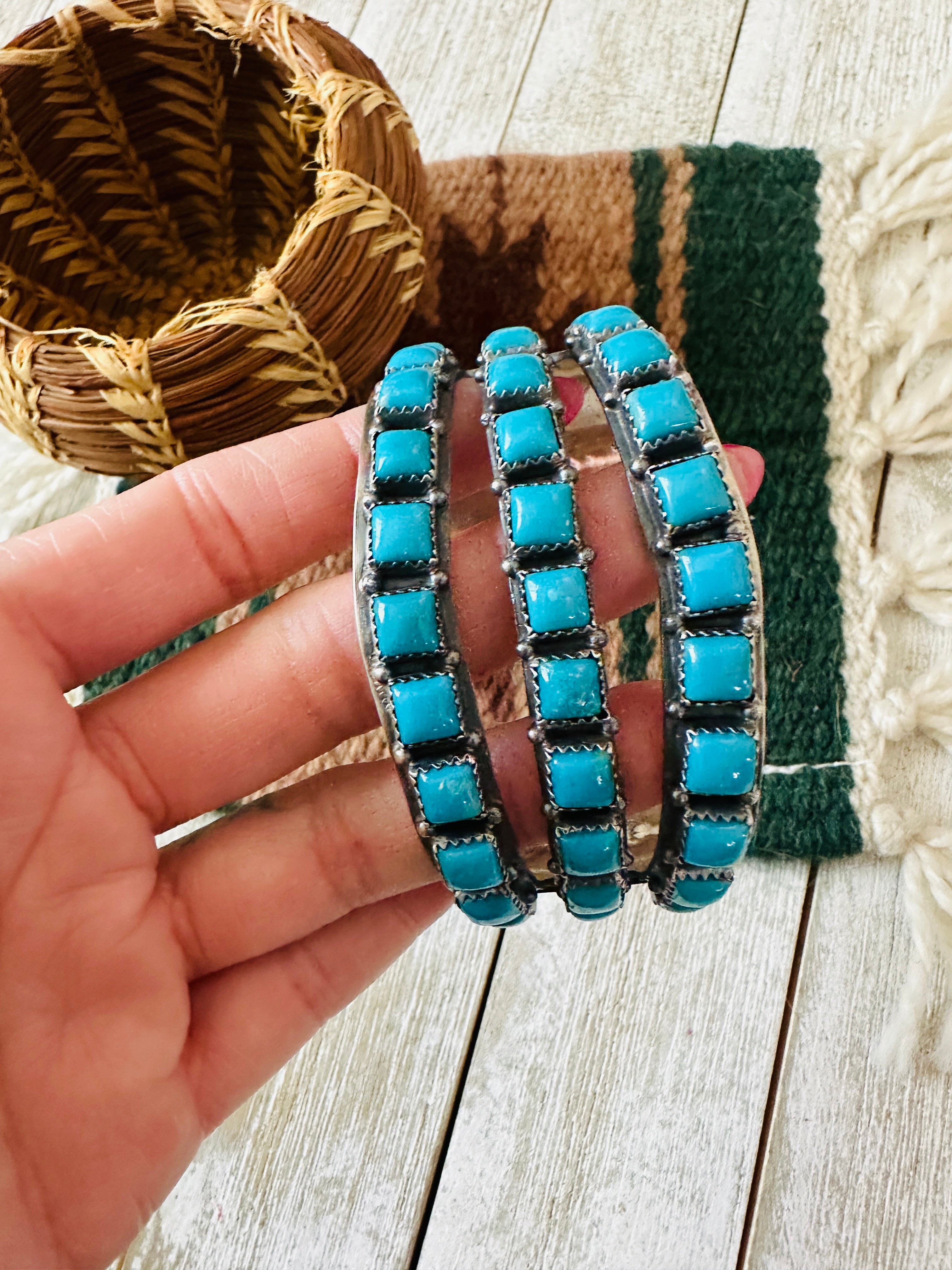 Handcrafted Sterling Silver & Turquoise Triple Row Cuff Bracelet /