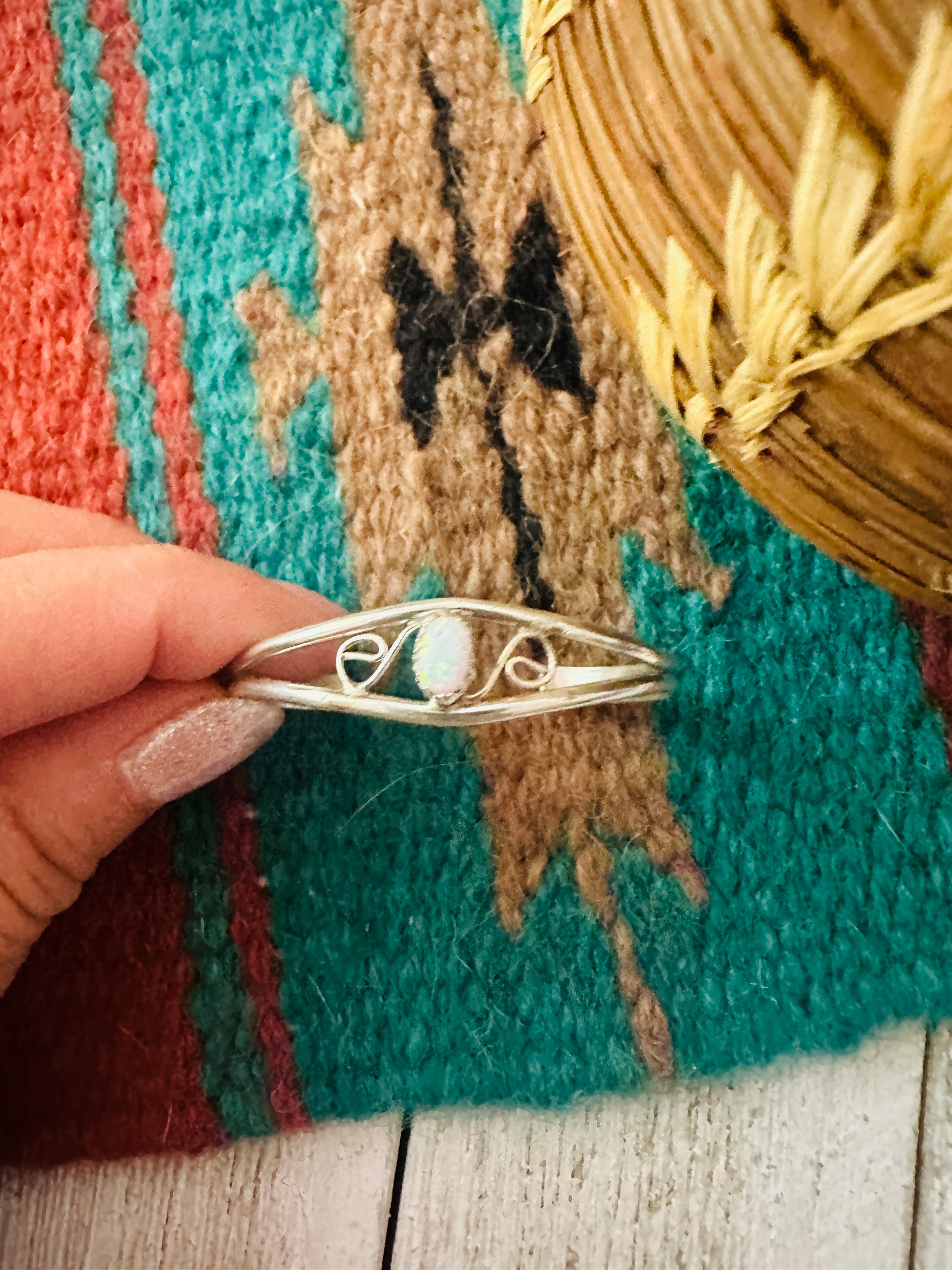 Navajo Sterling Silver & Opal Baby Cuff Bracelet