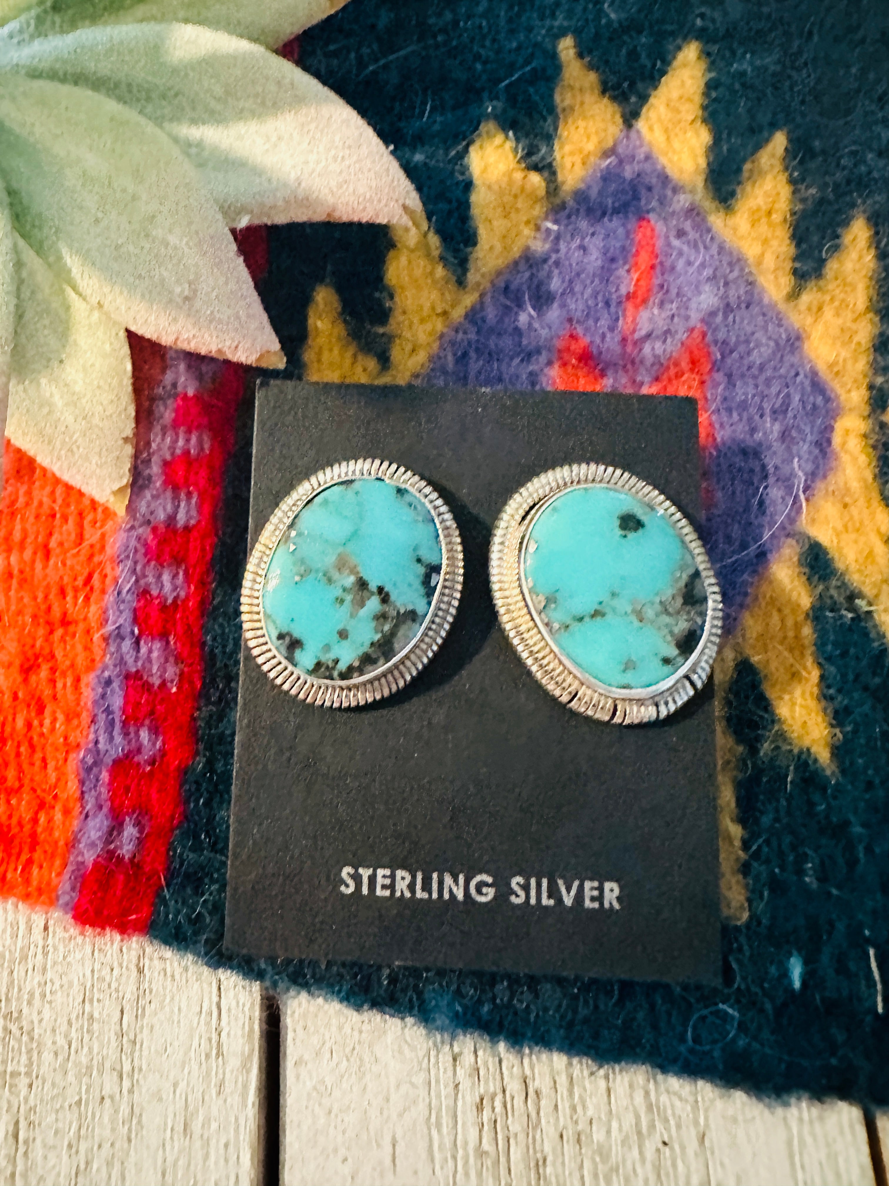 Navajo Morenci Turquoise and Sterling Silver Post Earrings by Wydell Billie