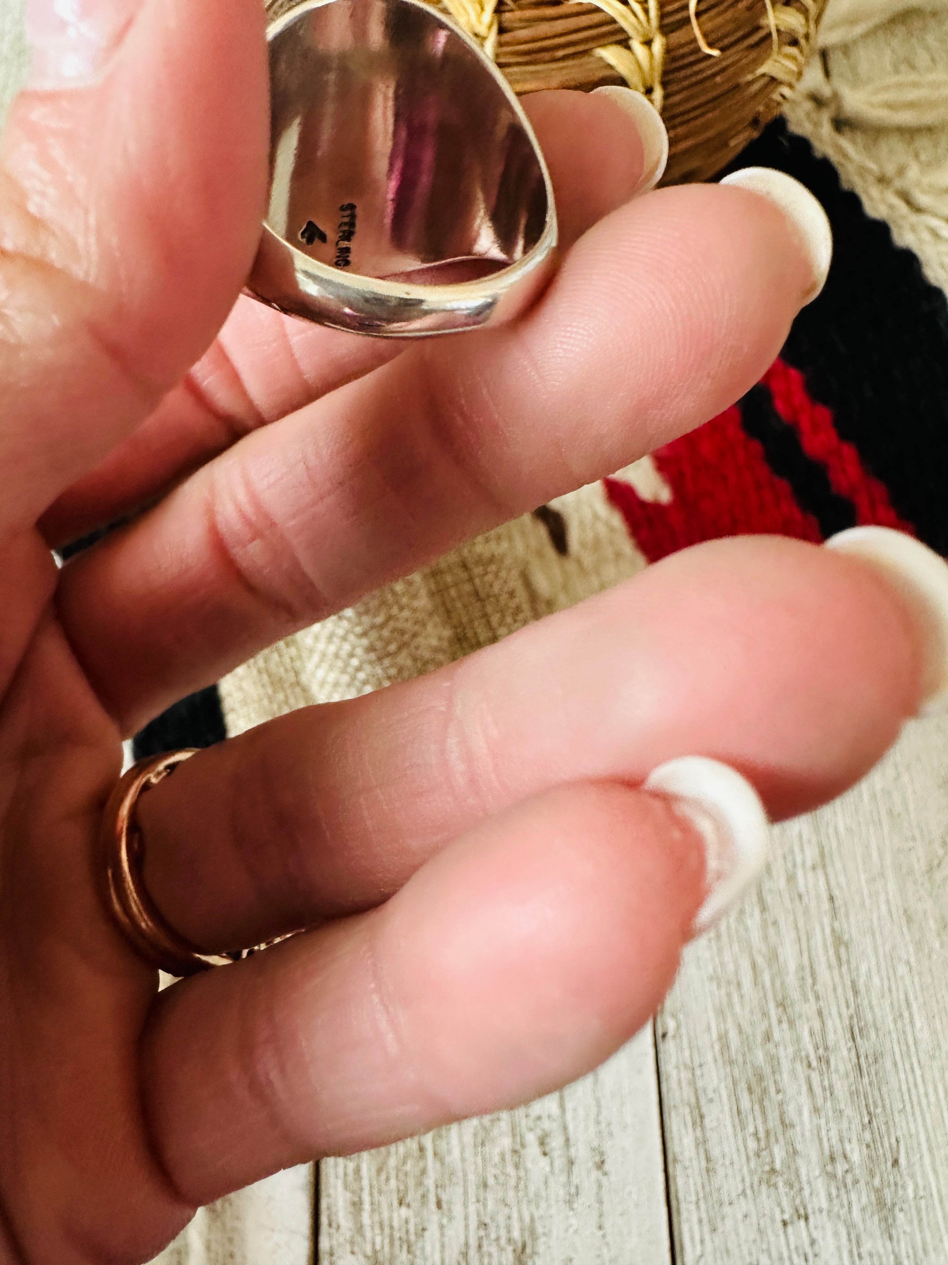 Handcrafted Turquoise & Sterling Silver Cigar Band Ring Size 9.5