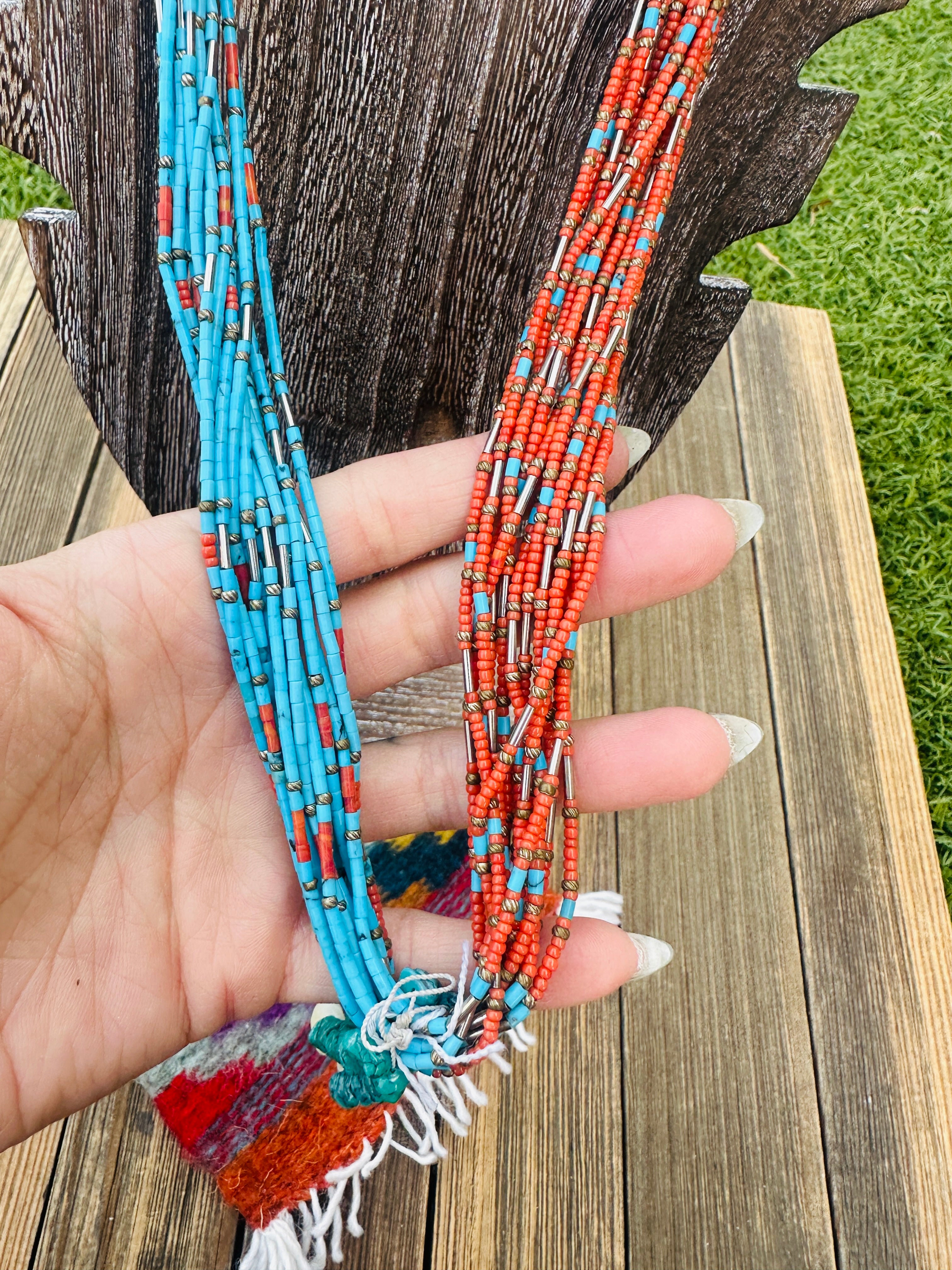 Old Pawn Handcrafted Turquoise, Coral & Sterling Silver Beaded 36” Necklace