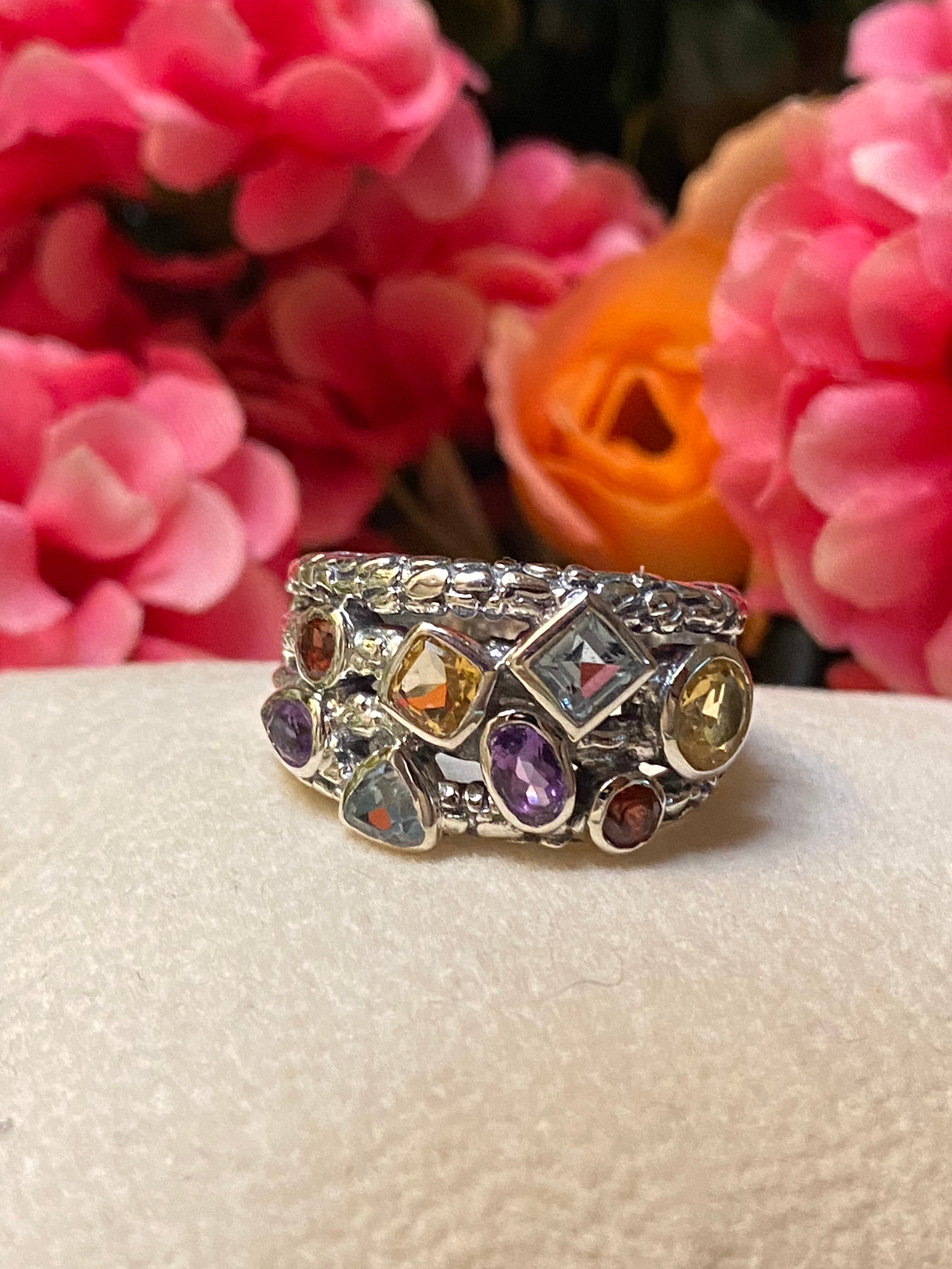 Sterling Silver Amethyst, Blue Topaz, Citrine, & Garnet Ring Size 8.5