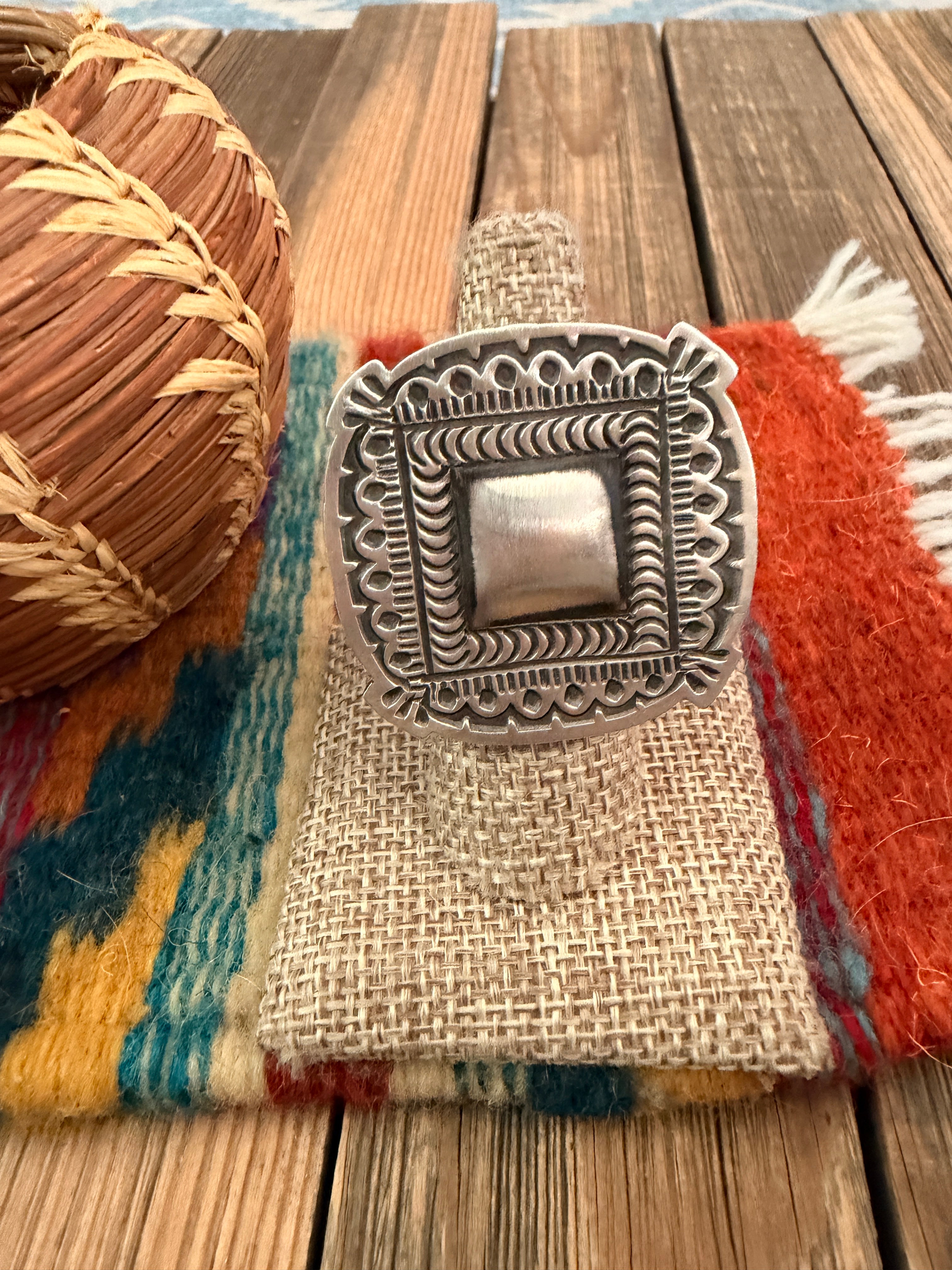 Handcrafted Sterling Silver Adjustable Concho Ring by Leander Tahe