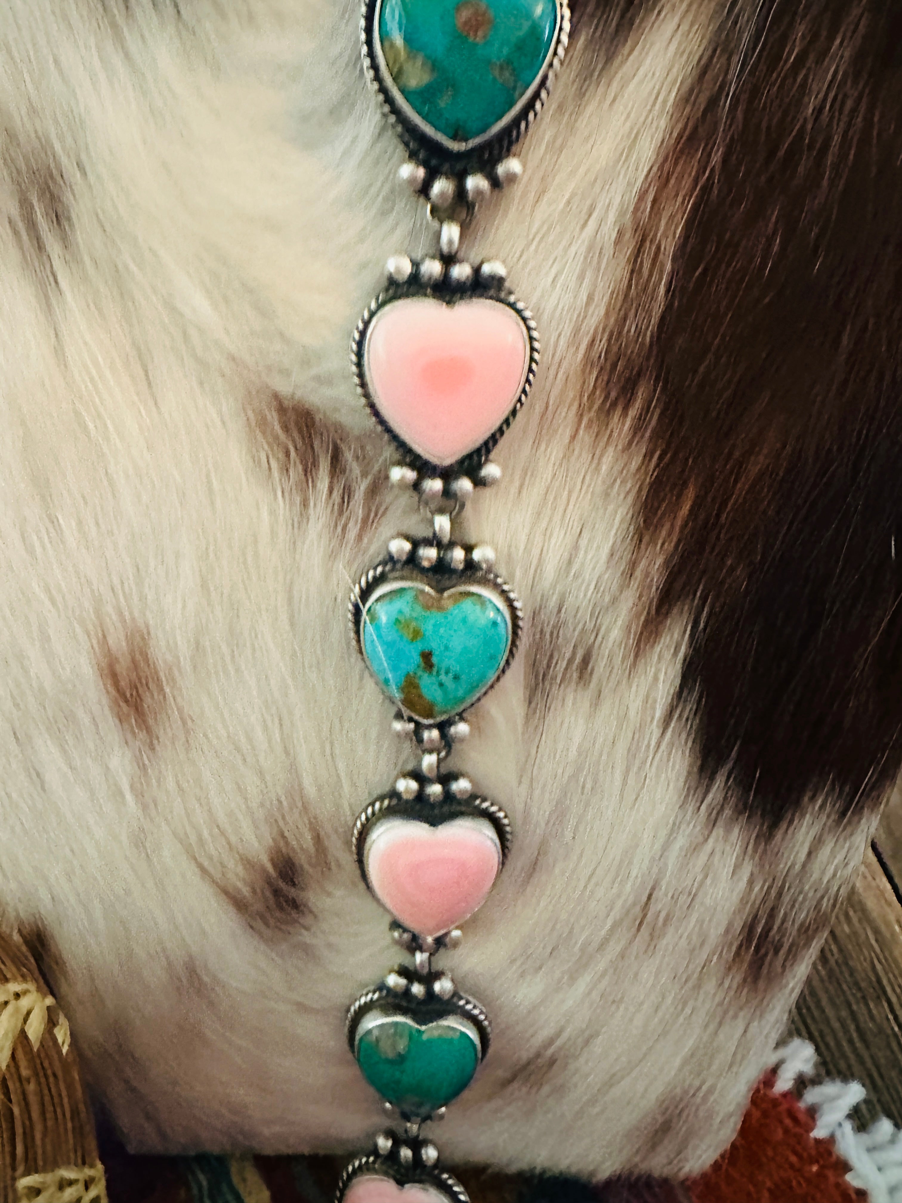 Handcrafted Queen Pink Conch, Turquoise & Sterling Silver Heart Necklace by Patrick Yazzie