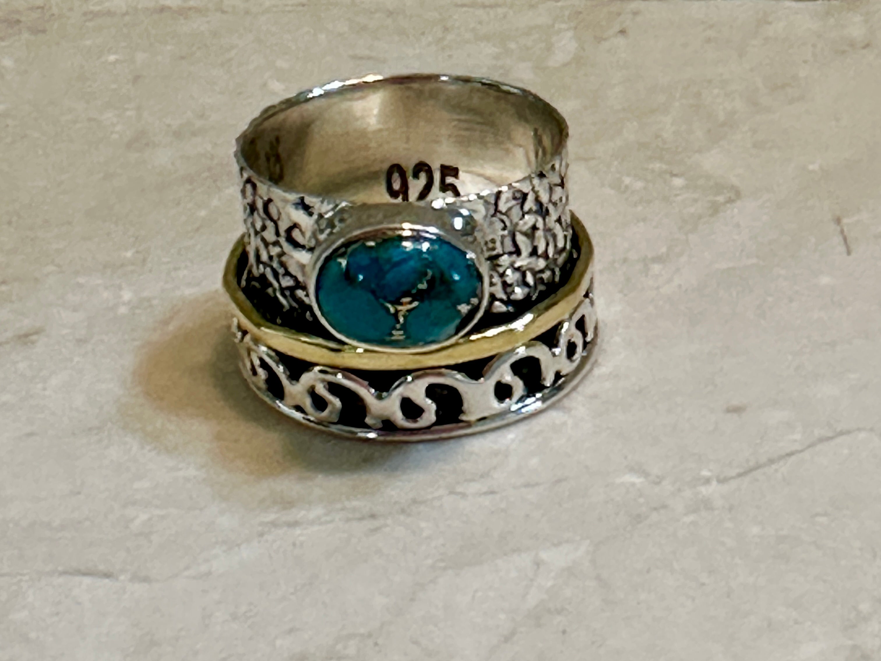 Copper Turquoise Sterling Silver, Gold, Copper Spinner Ring Size 8 “Lattice