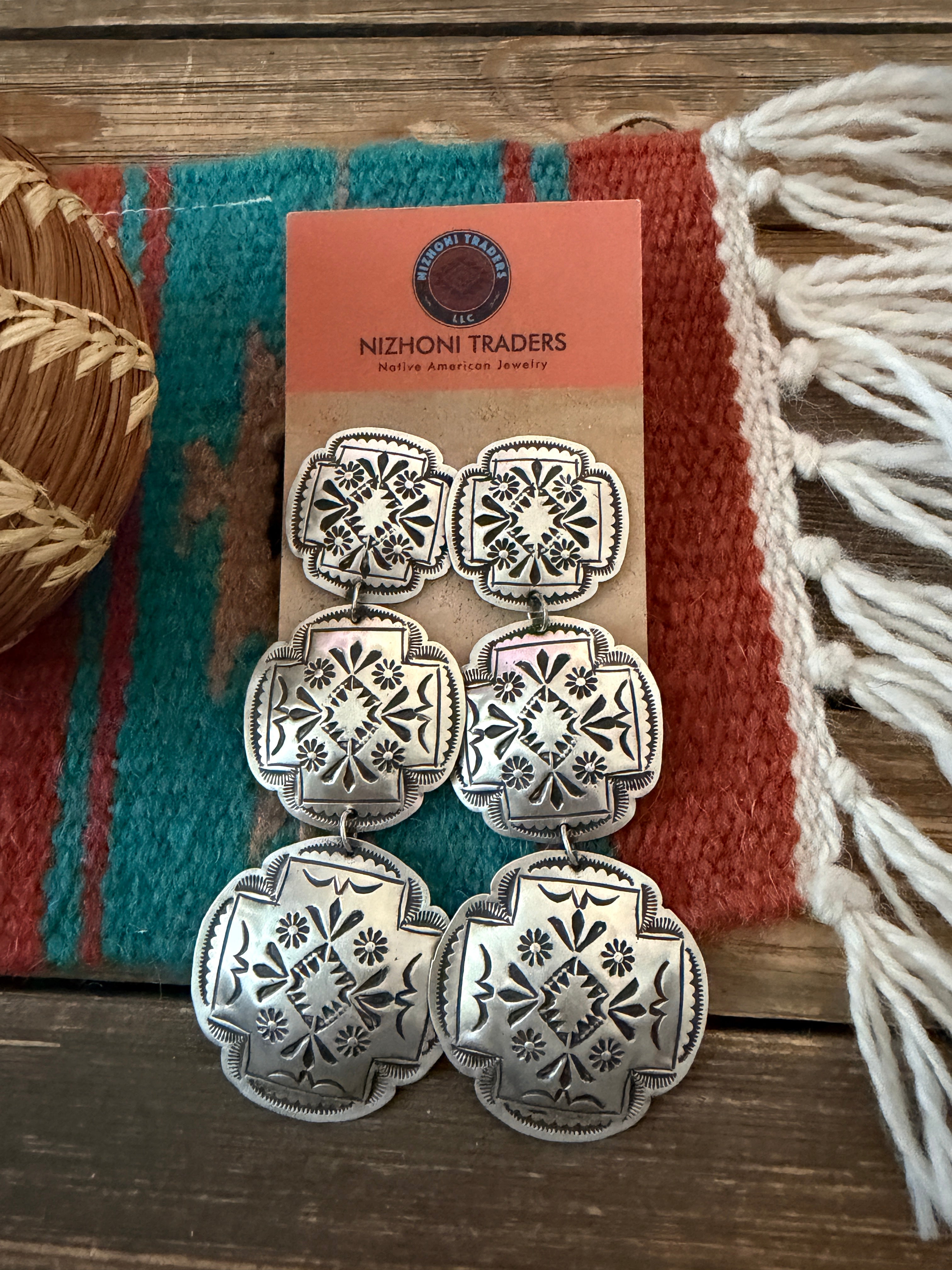 Handcrafted Sterling Silver Concho Dangle Earrings by Leander Tahe