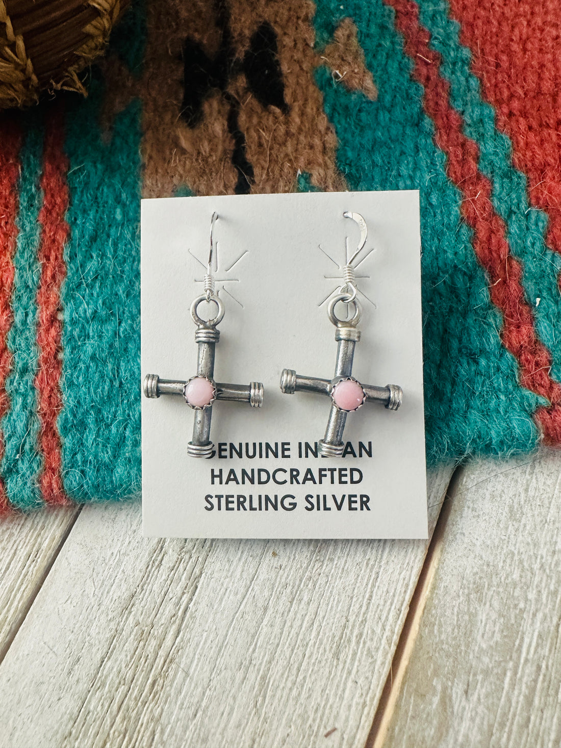 Handcrafted Sterling Silver & Queen Pink Conch Cross Dangle Earrings
