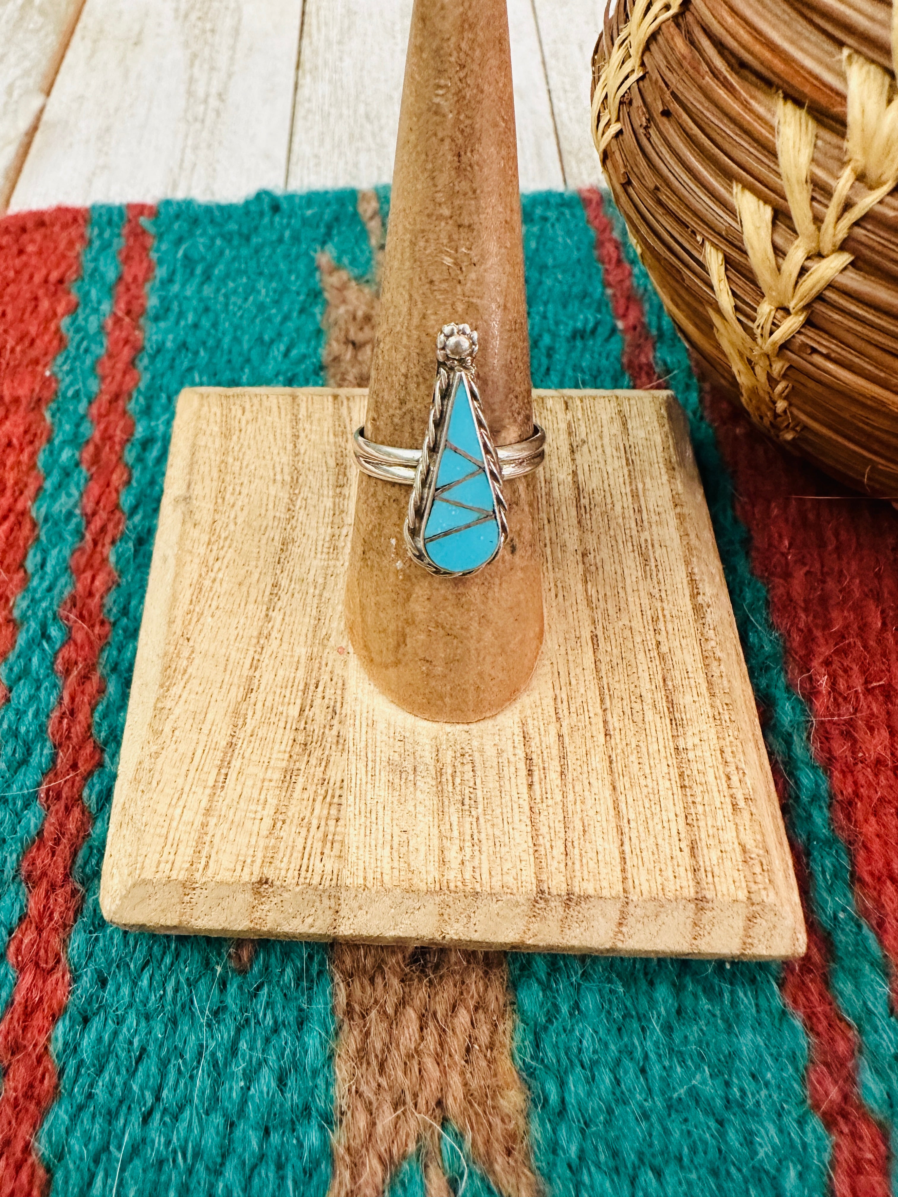 Zuni Sterling Silver & Multi Stone Inlay Teardrop Ring