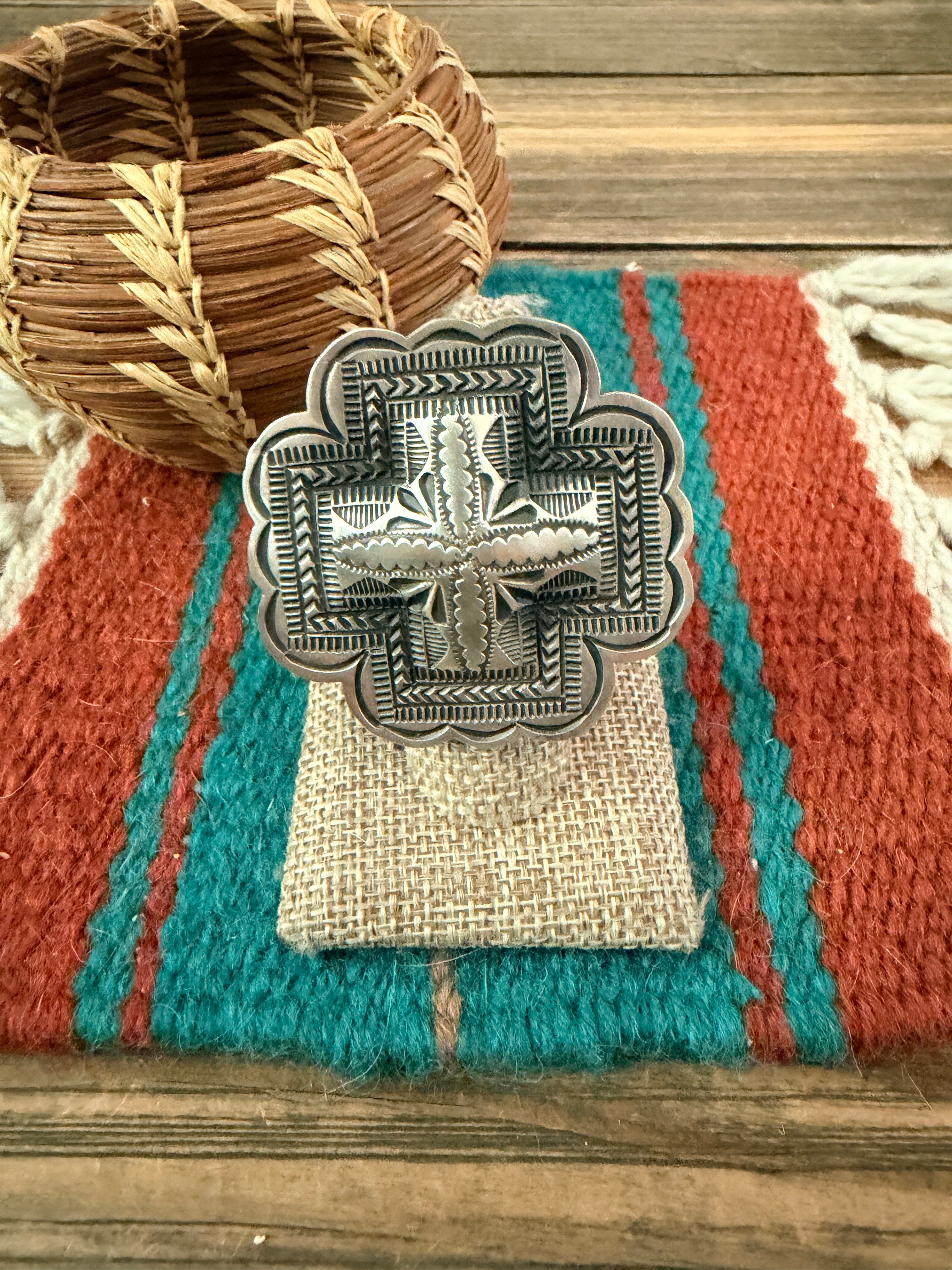 Handcrafted Sterling Silver Adjustable Cross Concho Ring by Leander Tahe