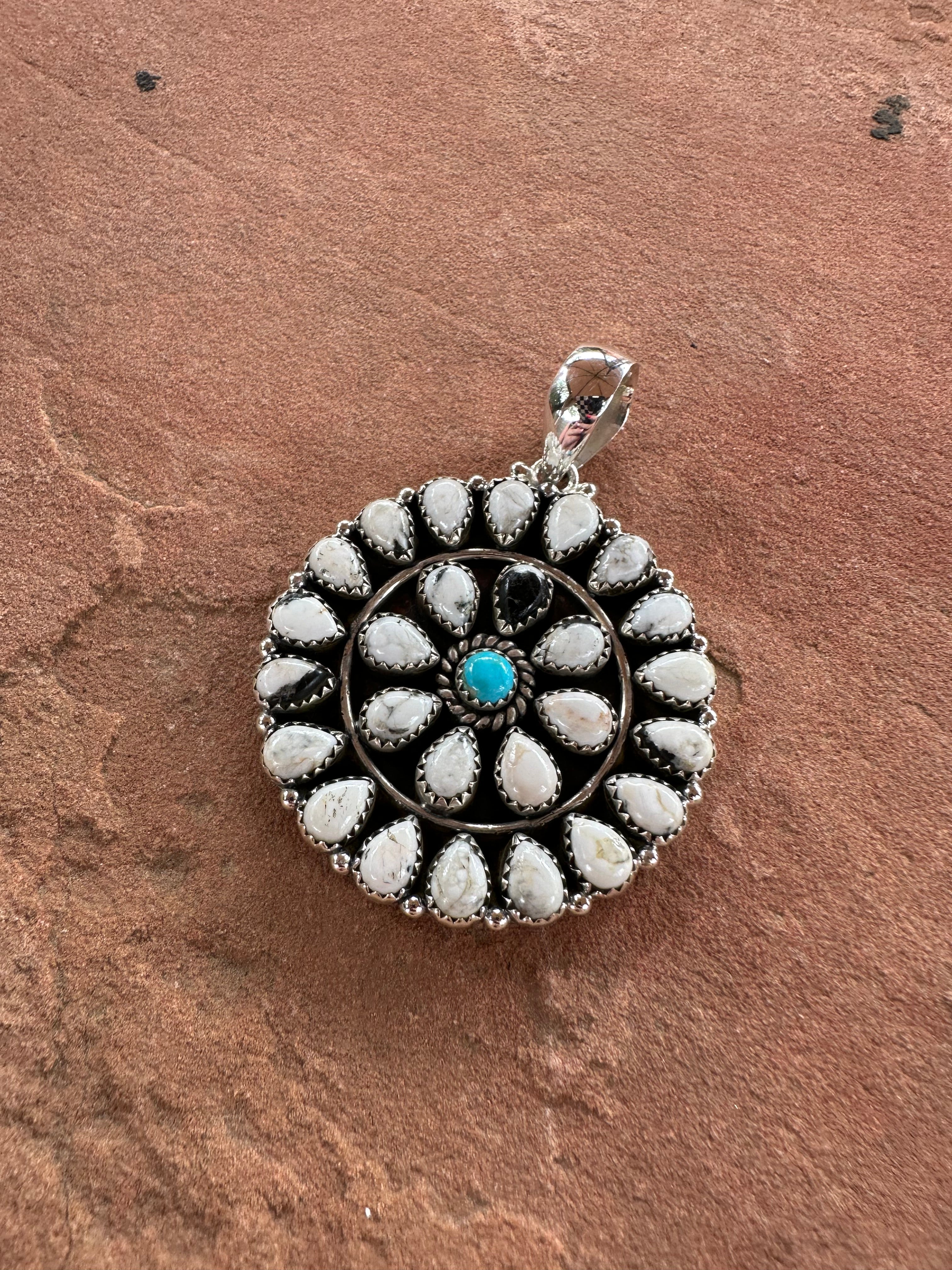 Beautiful Handmade Sterling Silver, White Buffalo & Turquoise Cluster Pendant