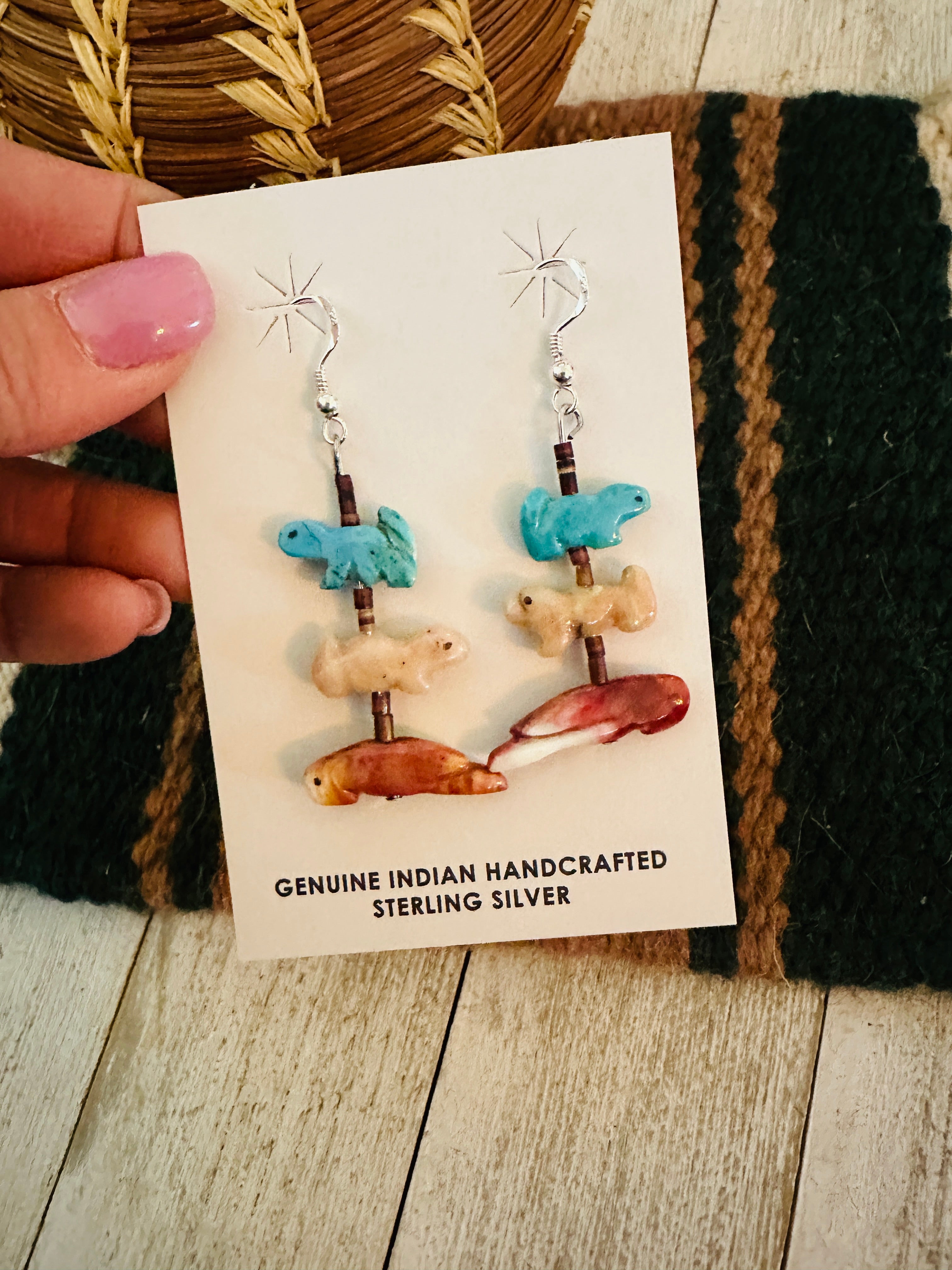 Zuni Multi Stone Beaded Fetish Dangle Earrings