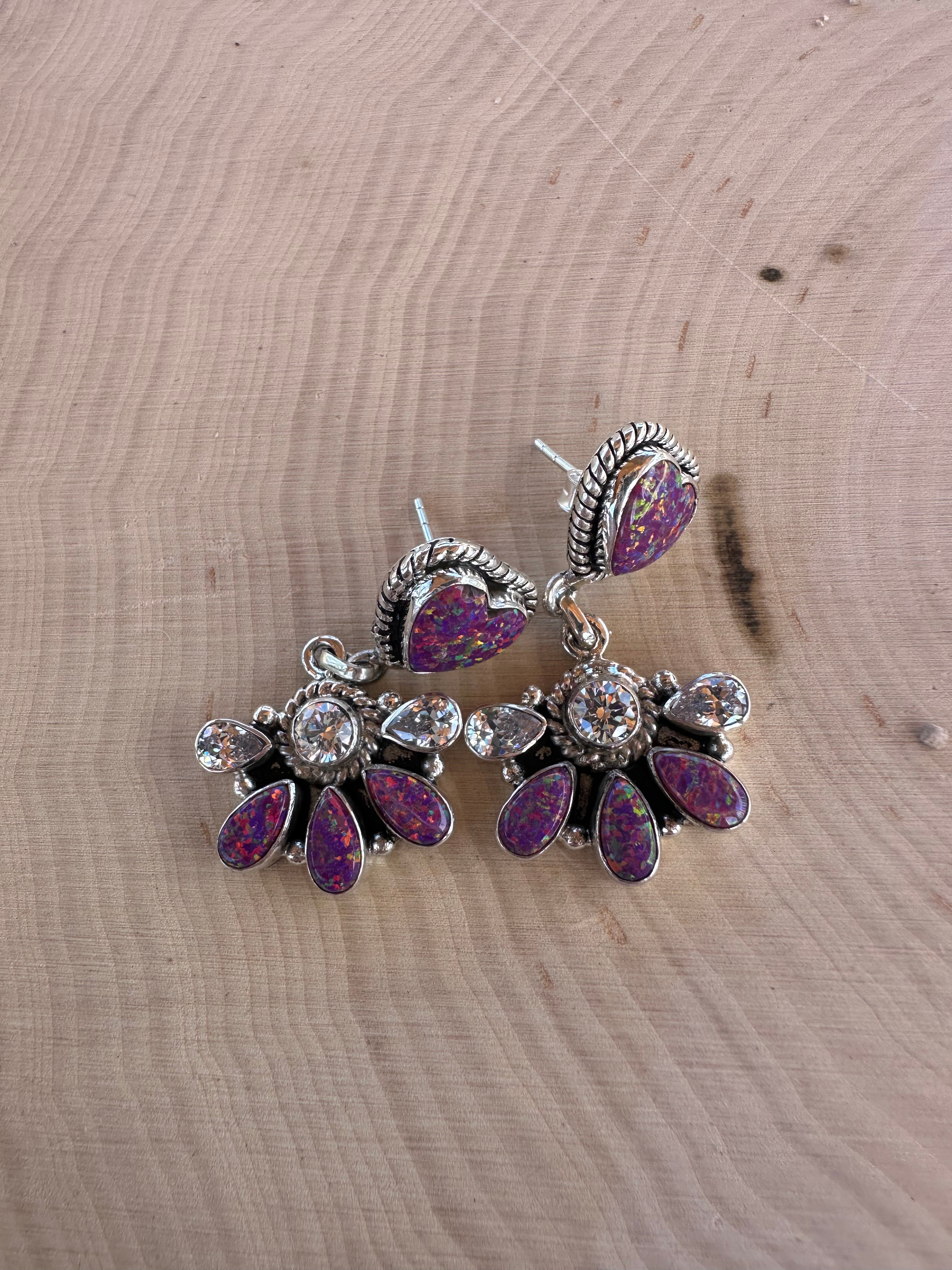 Handmade Dark Pink Opal, CZ and Sterling Silver Dangle Earrings