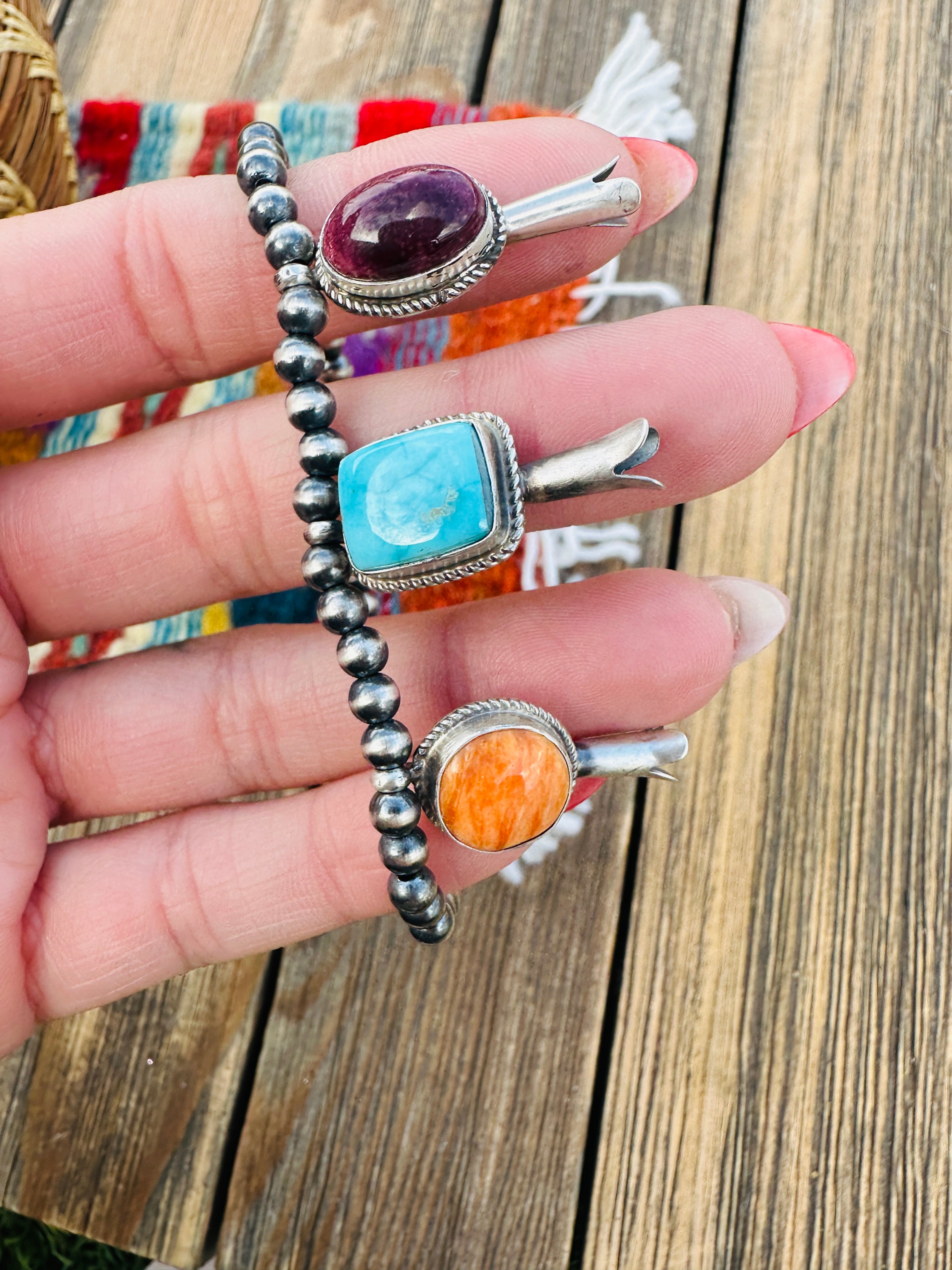 Handcrafted 3mm Sterling Silver Pearl, Turquoise & Spiny Oyster Blossom Stretch Bracelet