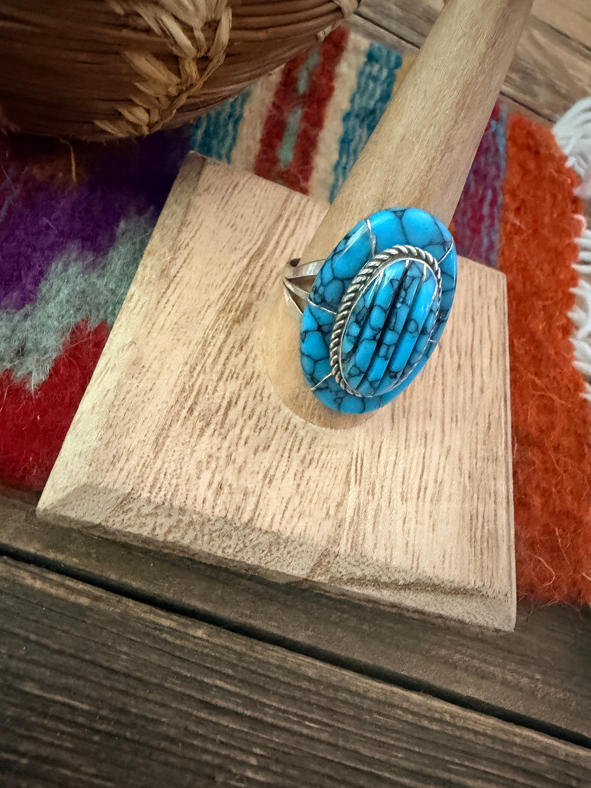 Old Pawn Handcrafted Turquoise & Sterling Silver Inlay Ring Size 11