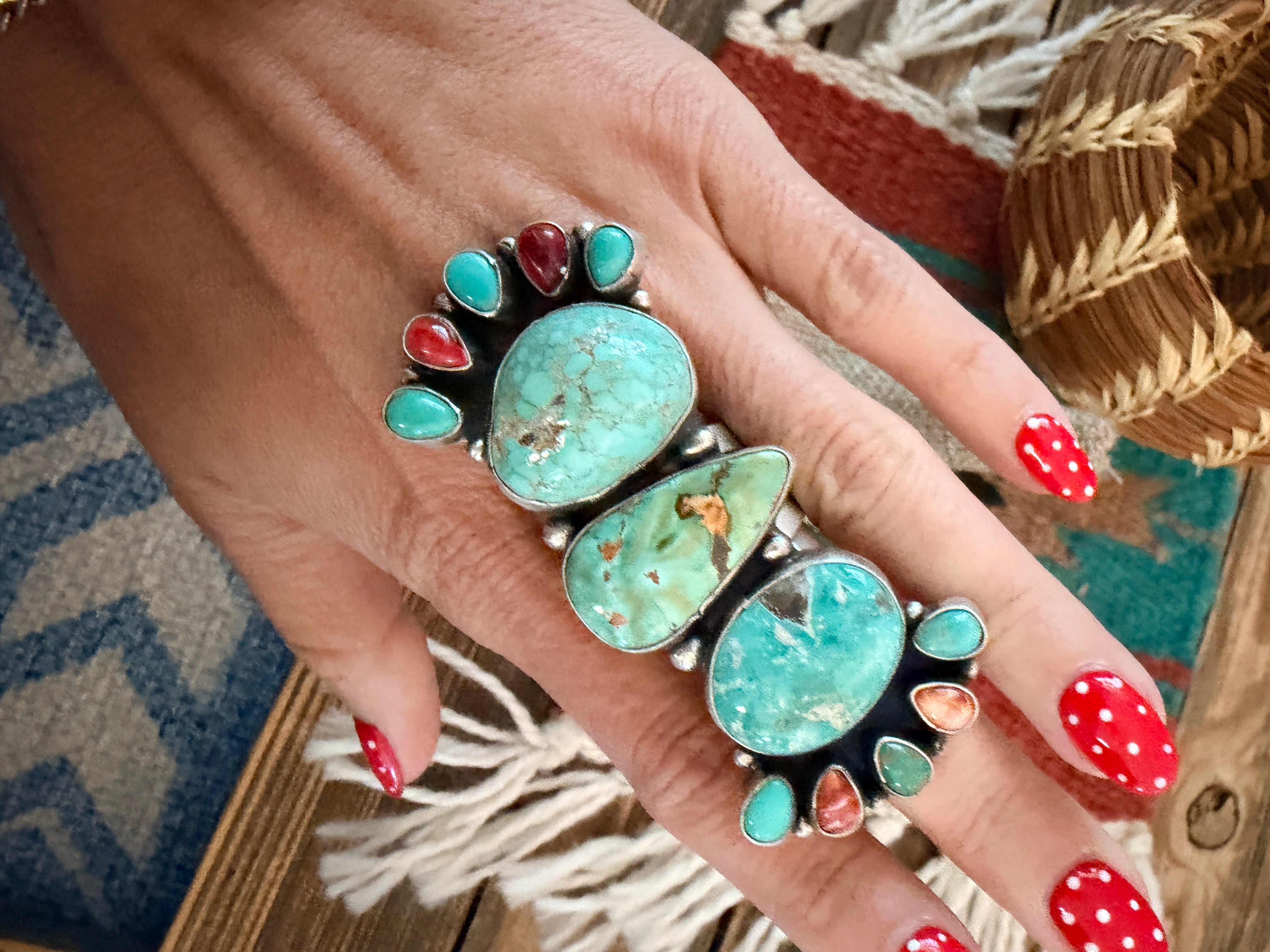 Handcrafted Spiny Oyster, Turquoise & Sterling Silver Cluster Ring by Sheila Becenti Size 9.5
