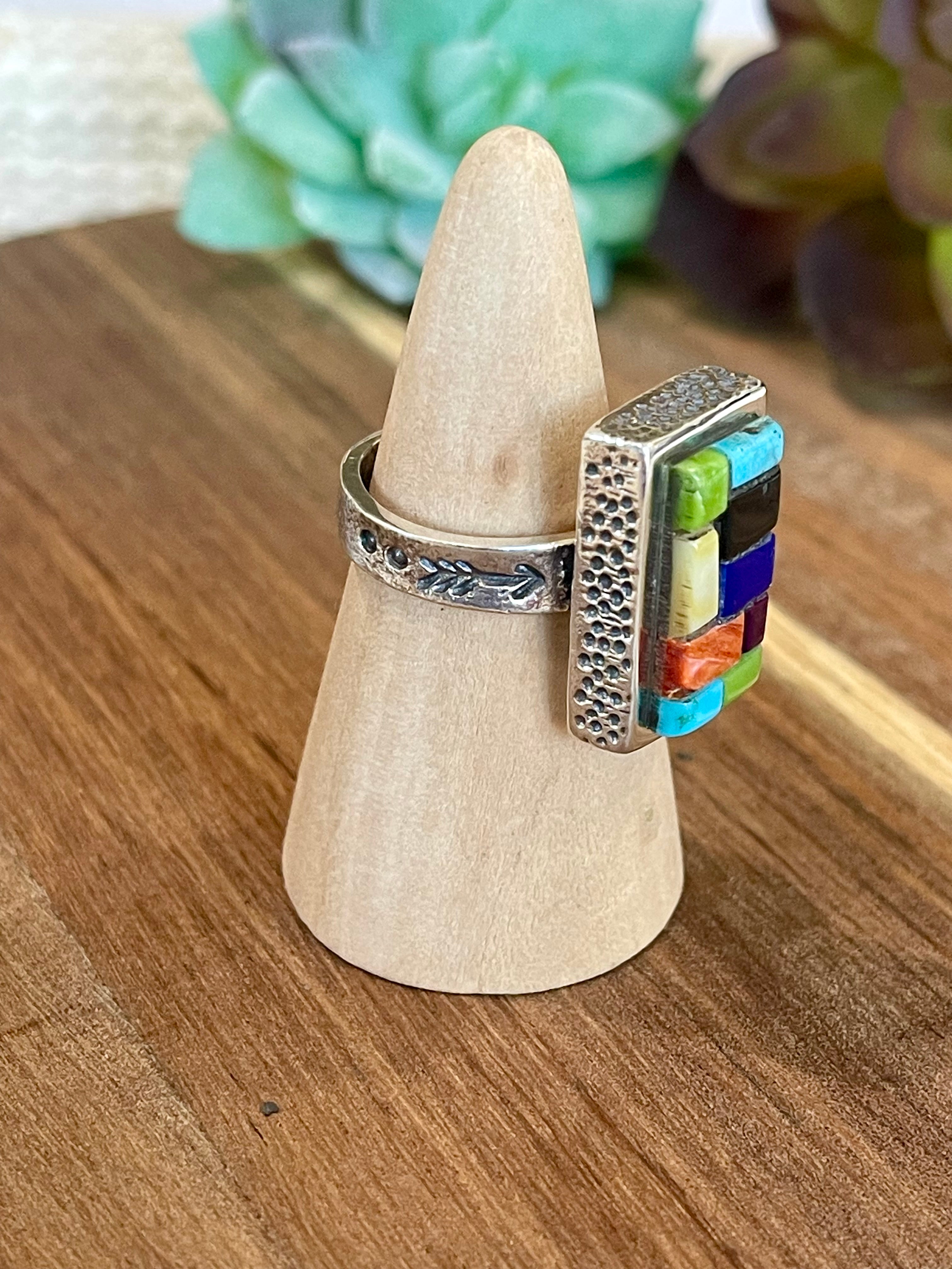 Handmade Sterling Silver & Multi Stone Inlay Ring Size 8