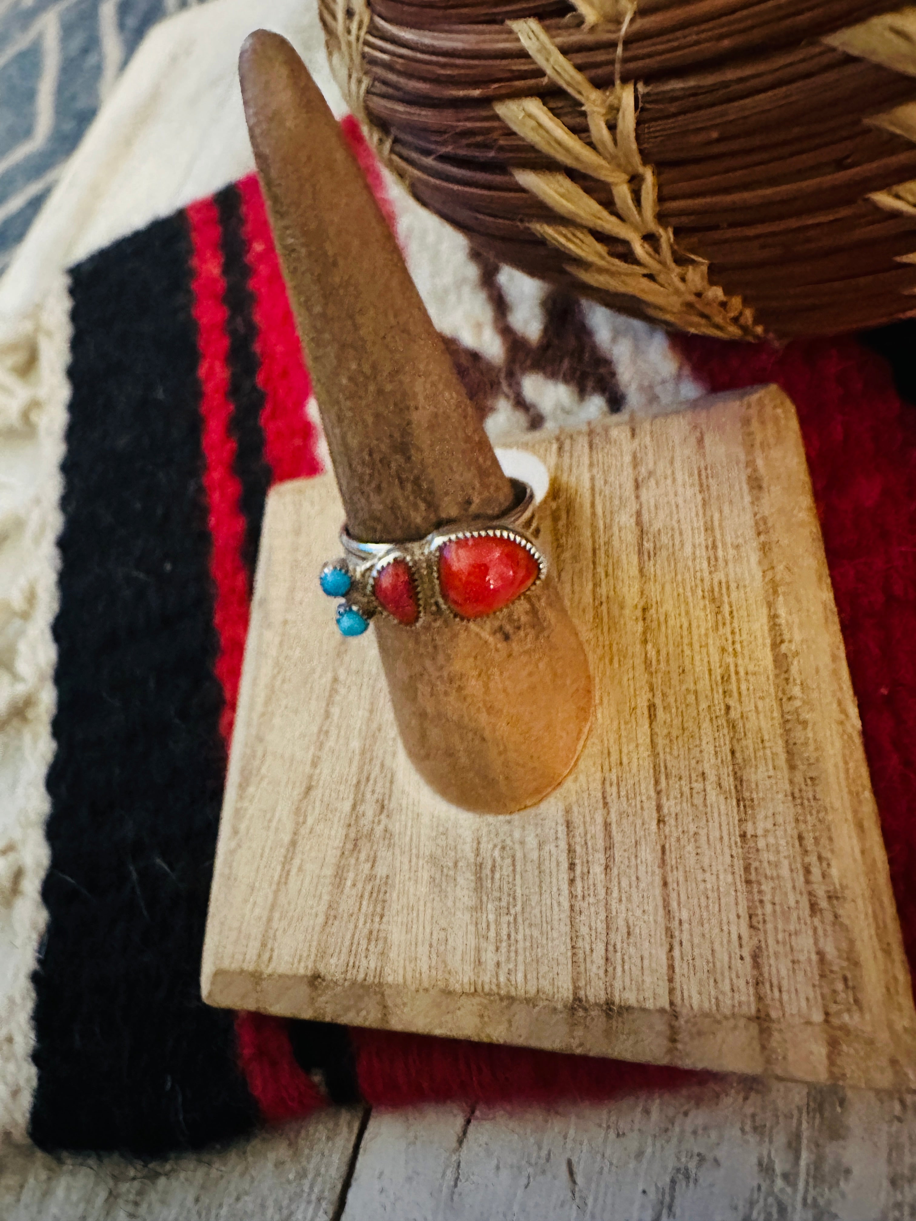 Navajo Coral, Turquoise & Sterling Silver Inlay Ring Size 7