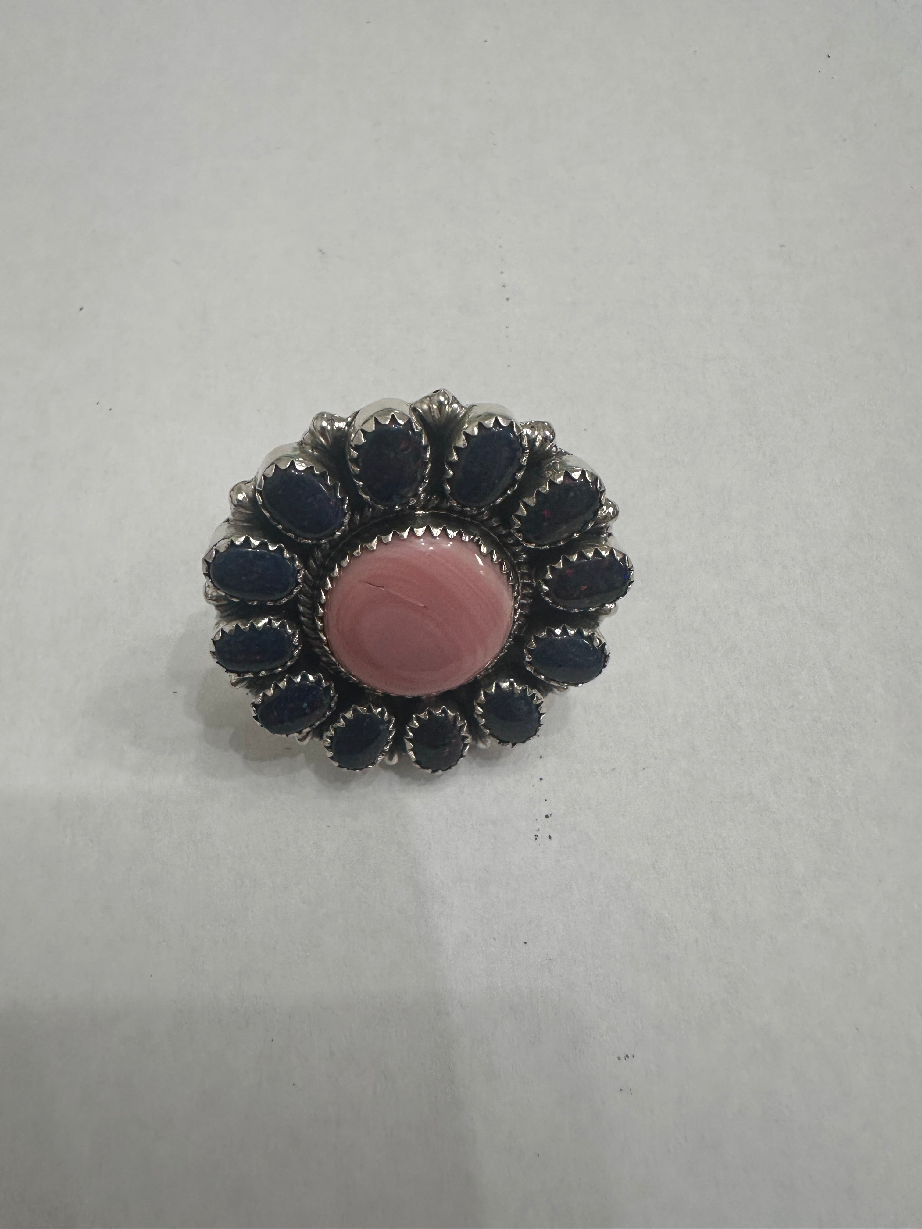 Handmade Pink Conch, Navy Fire Opal And Sterling Silver Adjustable Ring Signed Nizhoni