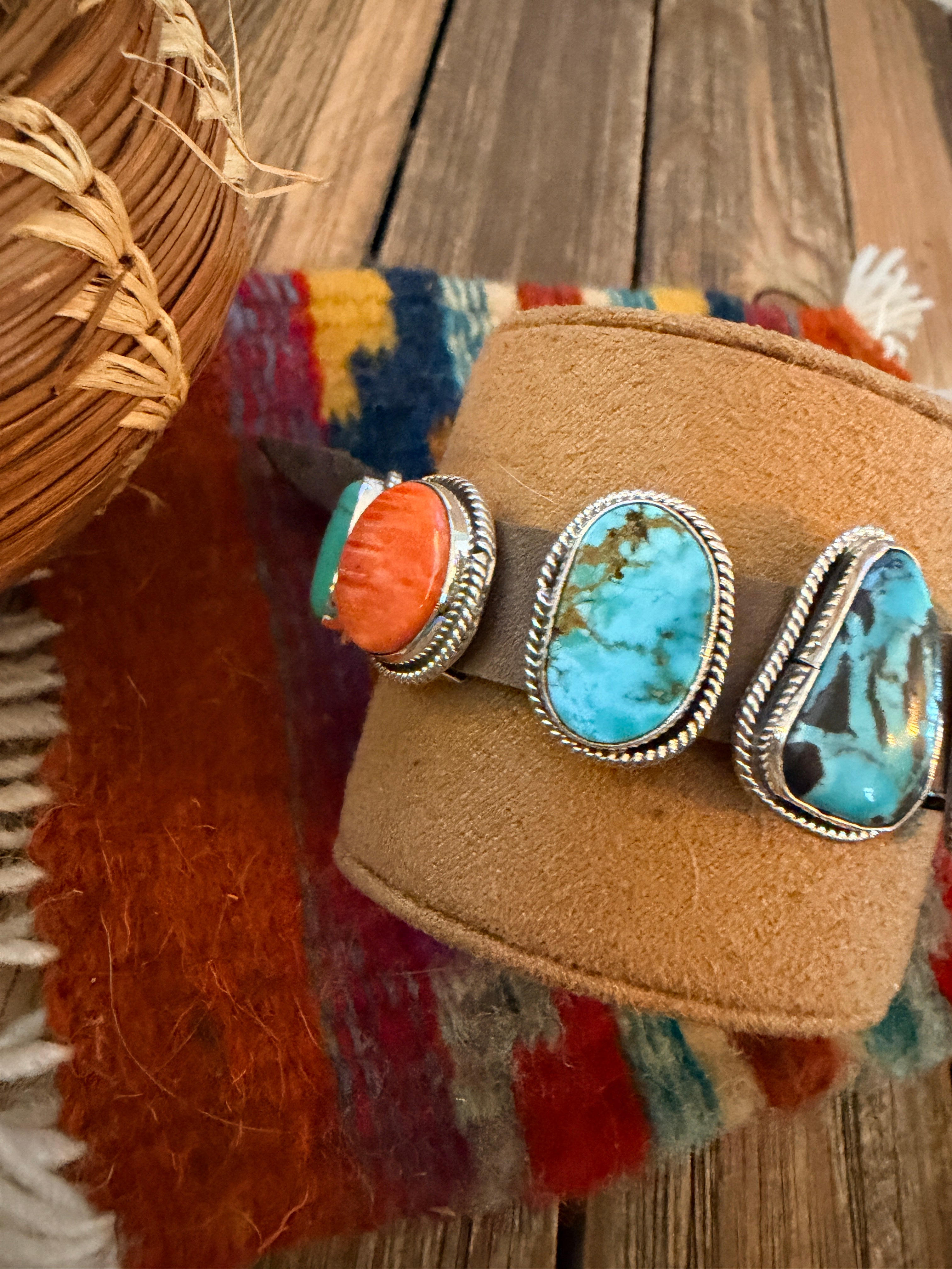 Handcrafted Multi Turquoise, Spiny & Sterling Silver Leather Bracelet