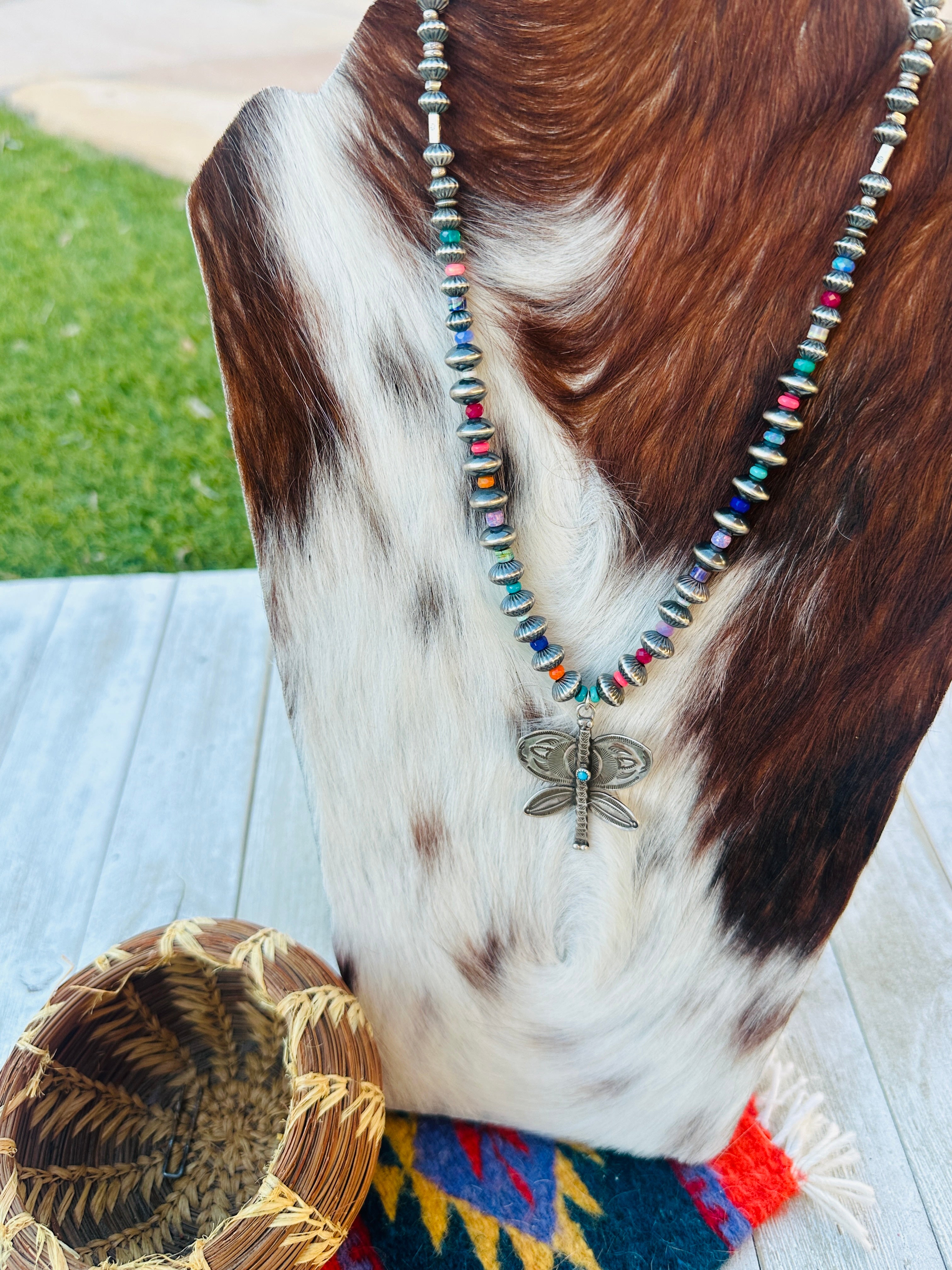 Handcrafted Multi Stone & Sterling Silver Pearl Beaded Dragonfly Necklace
