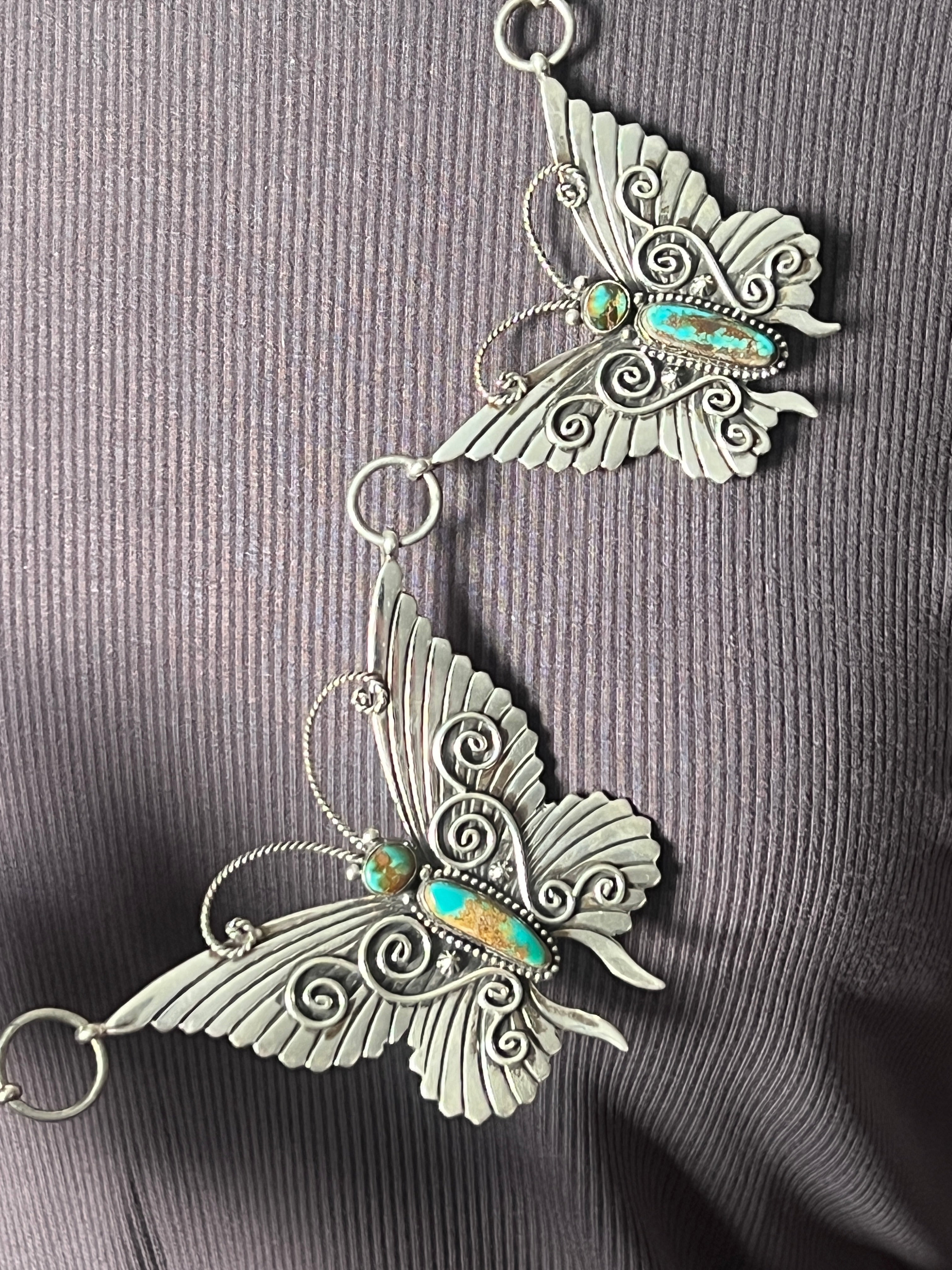 Lee Charley Handcrafted Sterling Silver and Turquoise Butterfly Lover’s Link Necklace, Belt or Hat Adornment