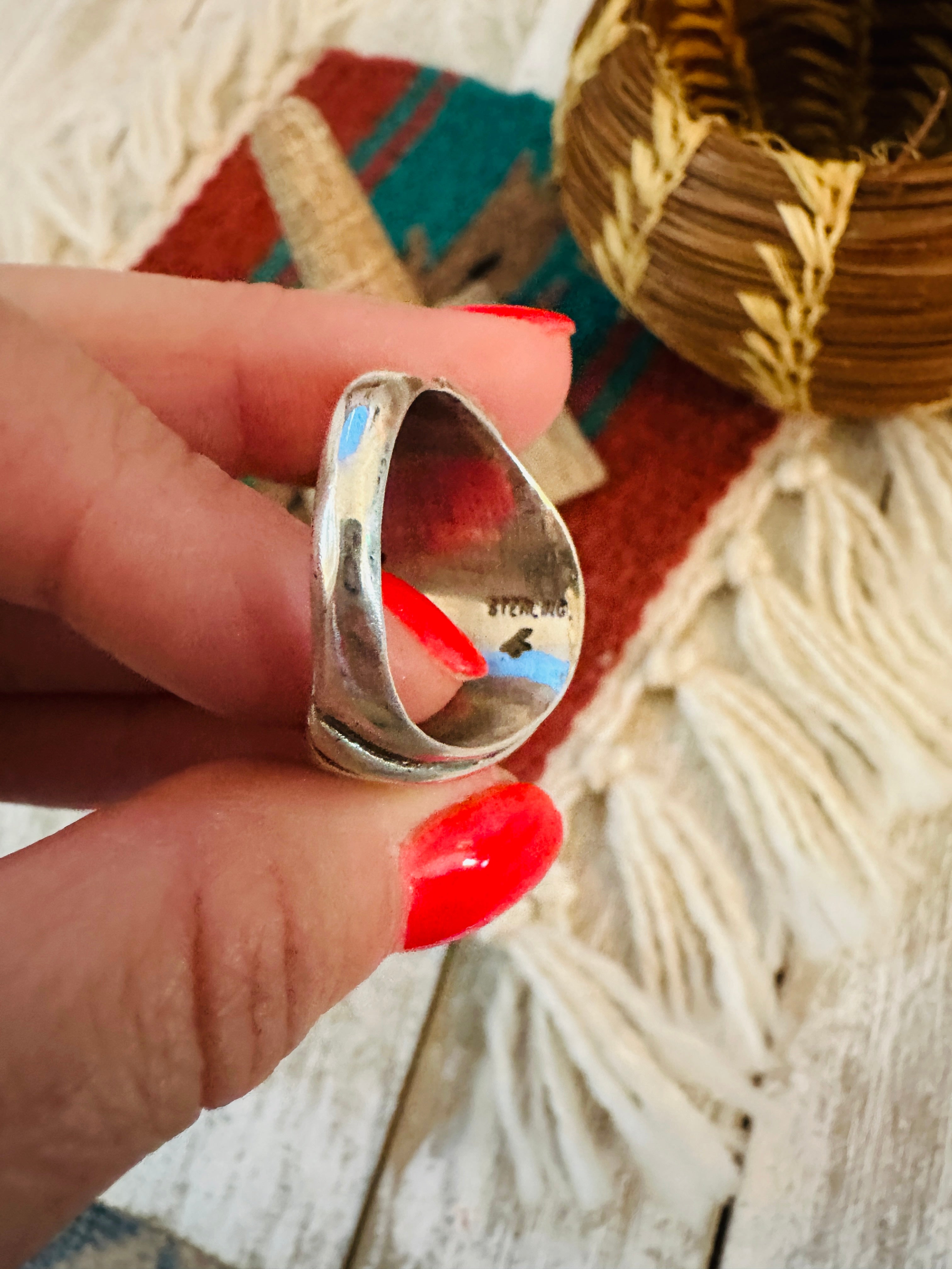 Handcrafted Turquoise & Sterling Silver Cigar Band Ring Size 9.75