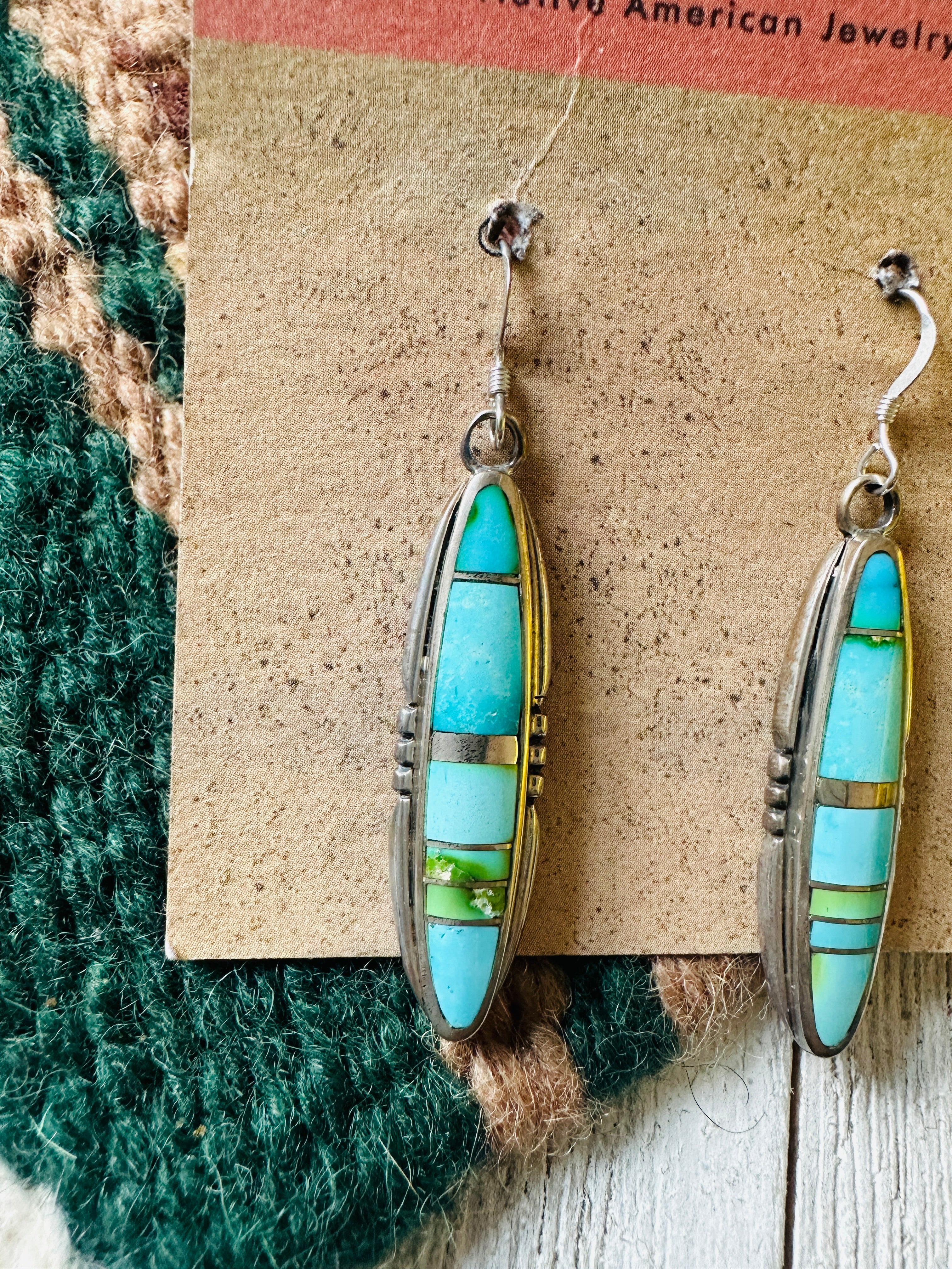 Navajo Sonoran Mountain Turquoise And Sterling Silver Inlay Dangle Earrings