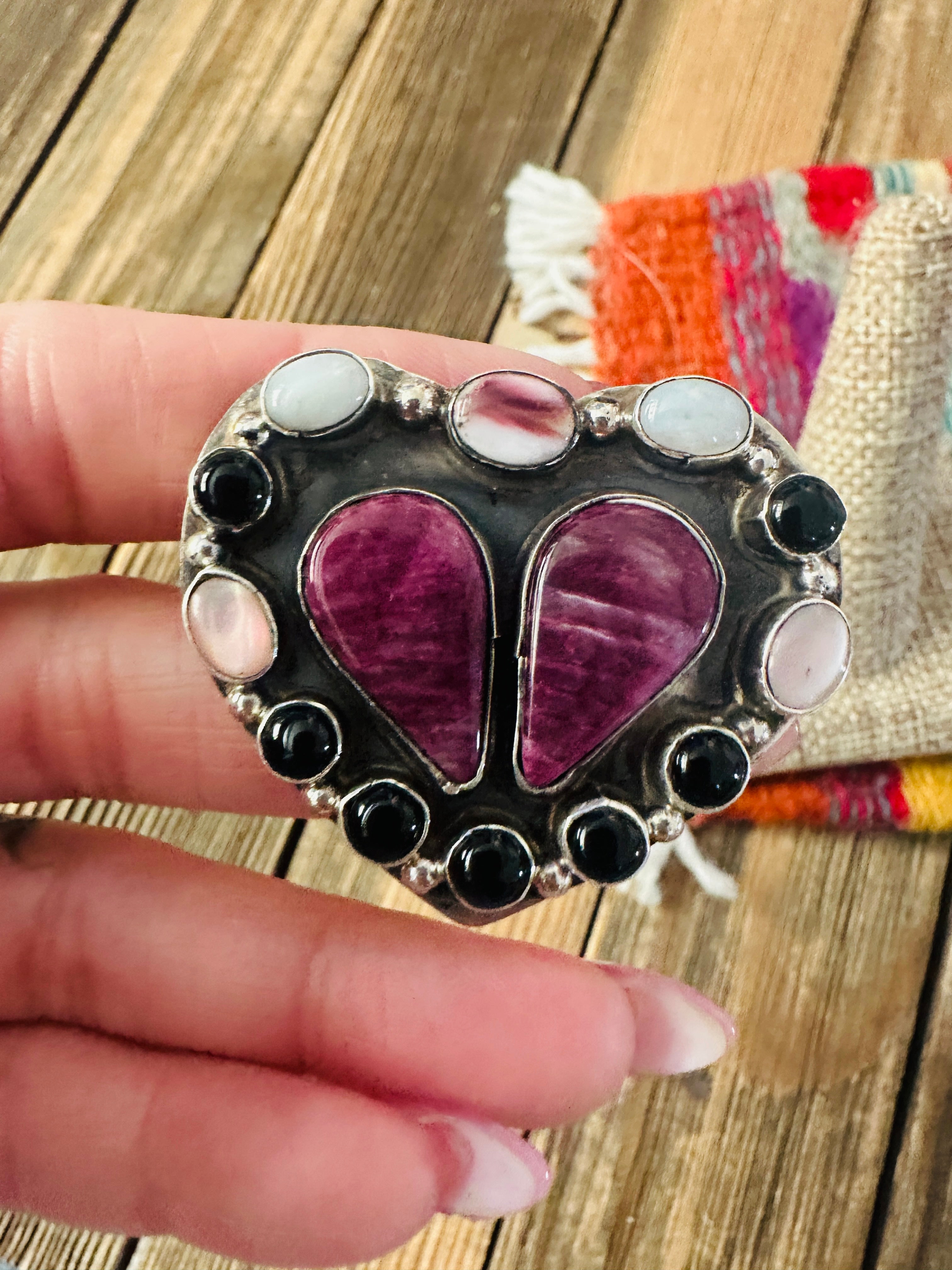 Handcrafted Multi Stone & Sterling Silver Adjustable Heart Ring by Jacqueline Silver