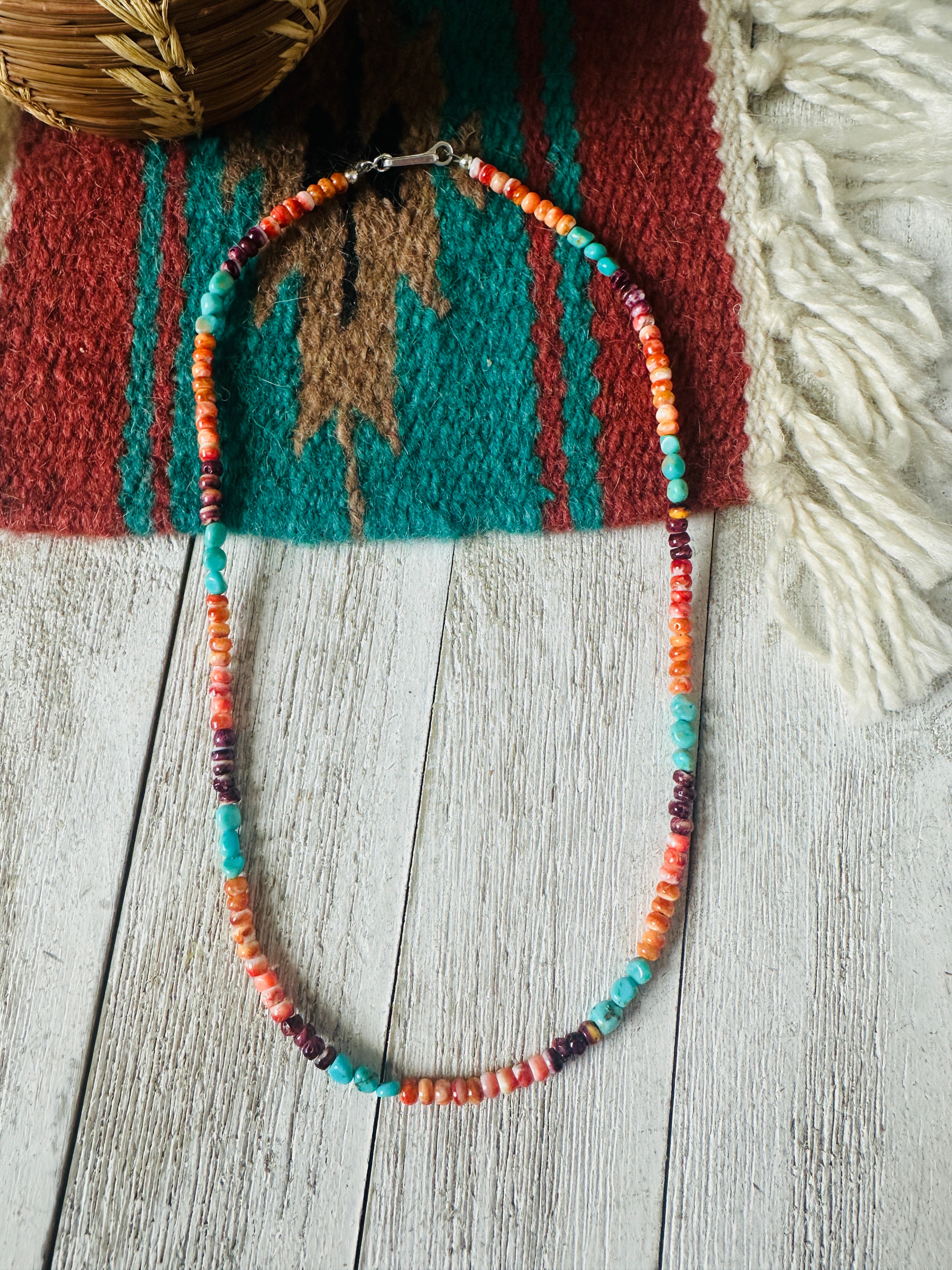 Navajo Turquoise, Spiny & Sterling Silver Beaded Necklace