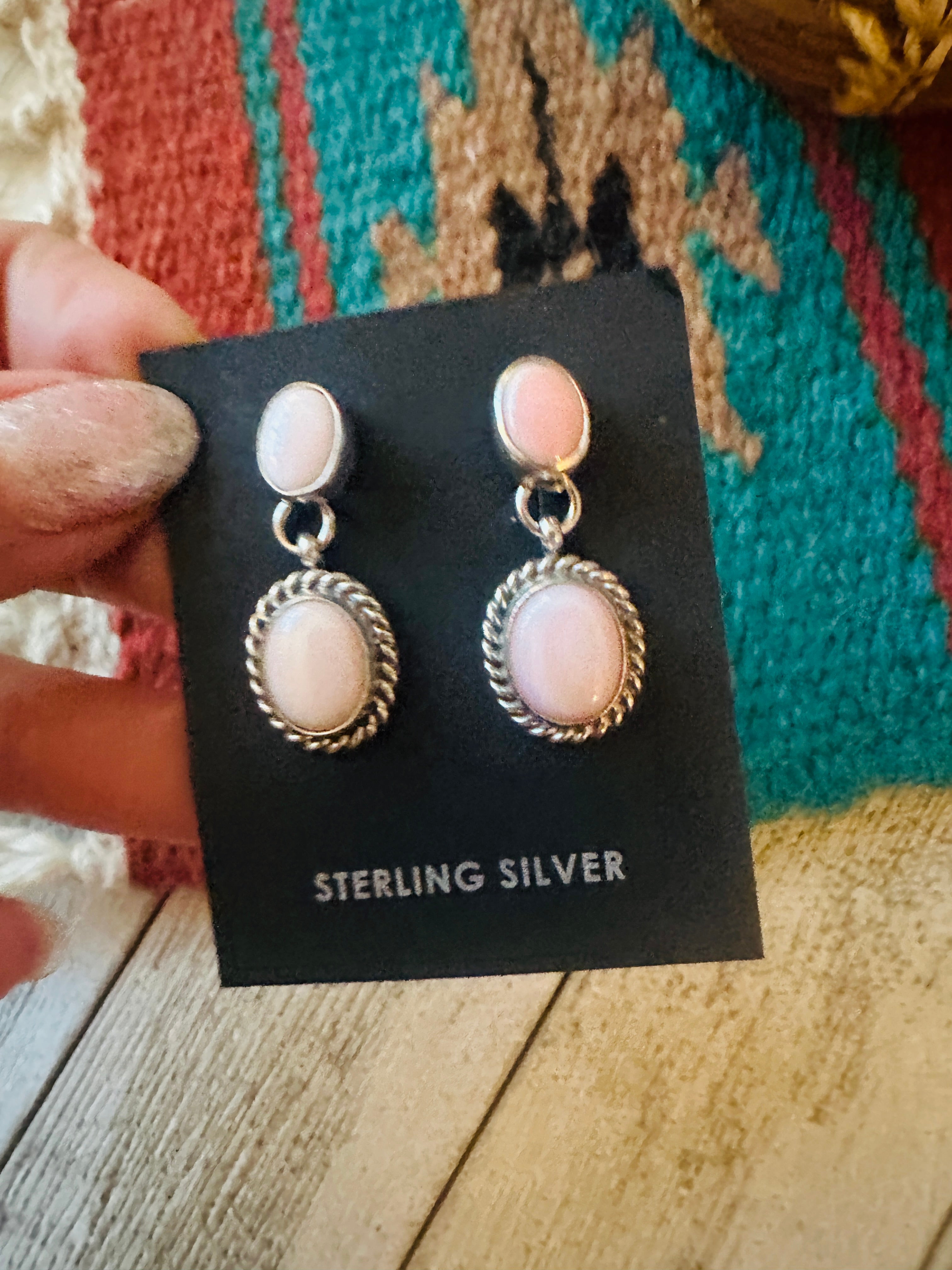 Navajo Queen Pink Conch & Sterling Silver Two Stone Dangle Earrings