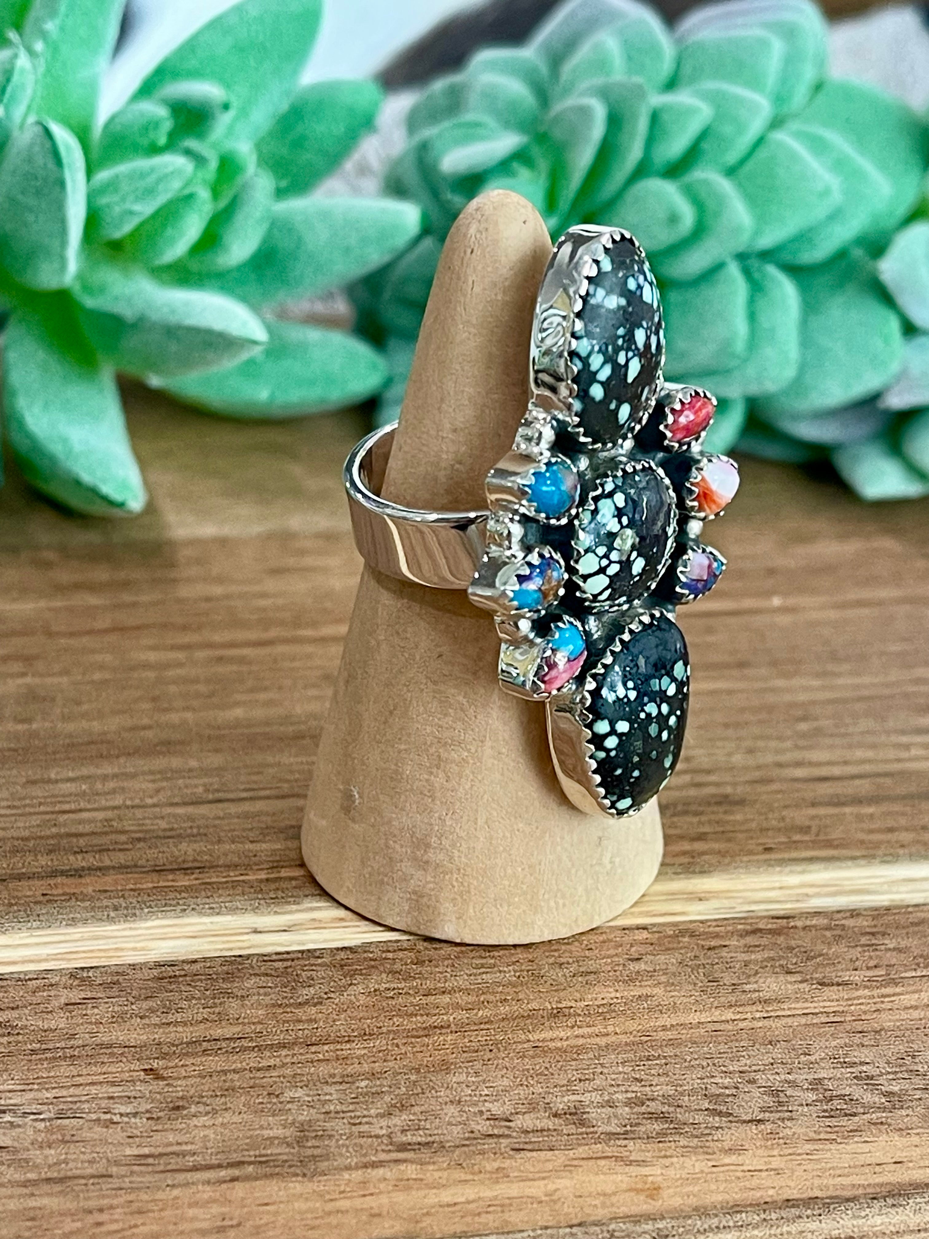 Beautiful Handmade New Lander Turquoise, Pink Dream Mojave And Sterling Silver Adjustable Ring