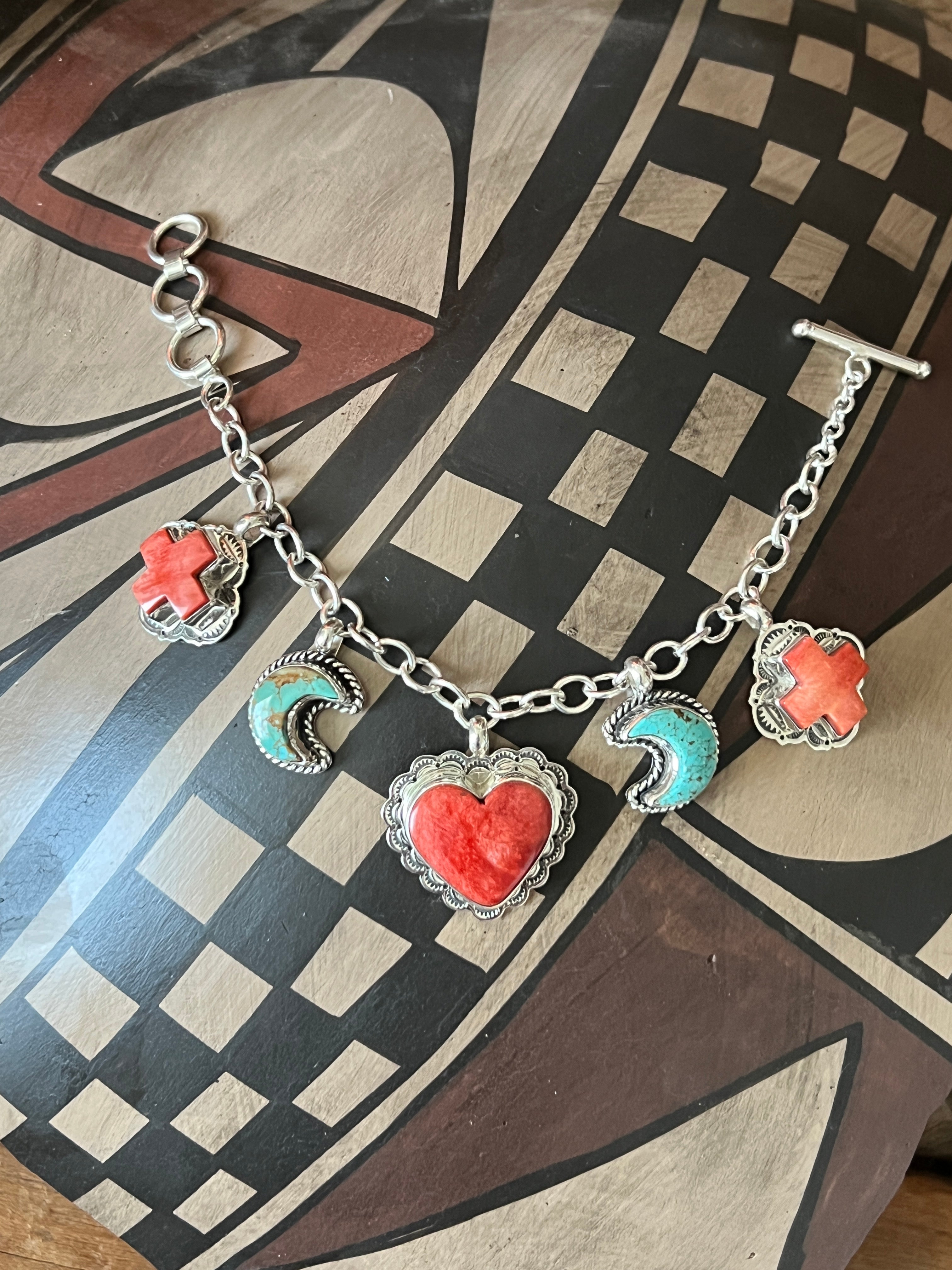 Murphy Platero Handcrafted Sterling Silver, Turquoise and Spiny Oyster Heart Charm Bracelets