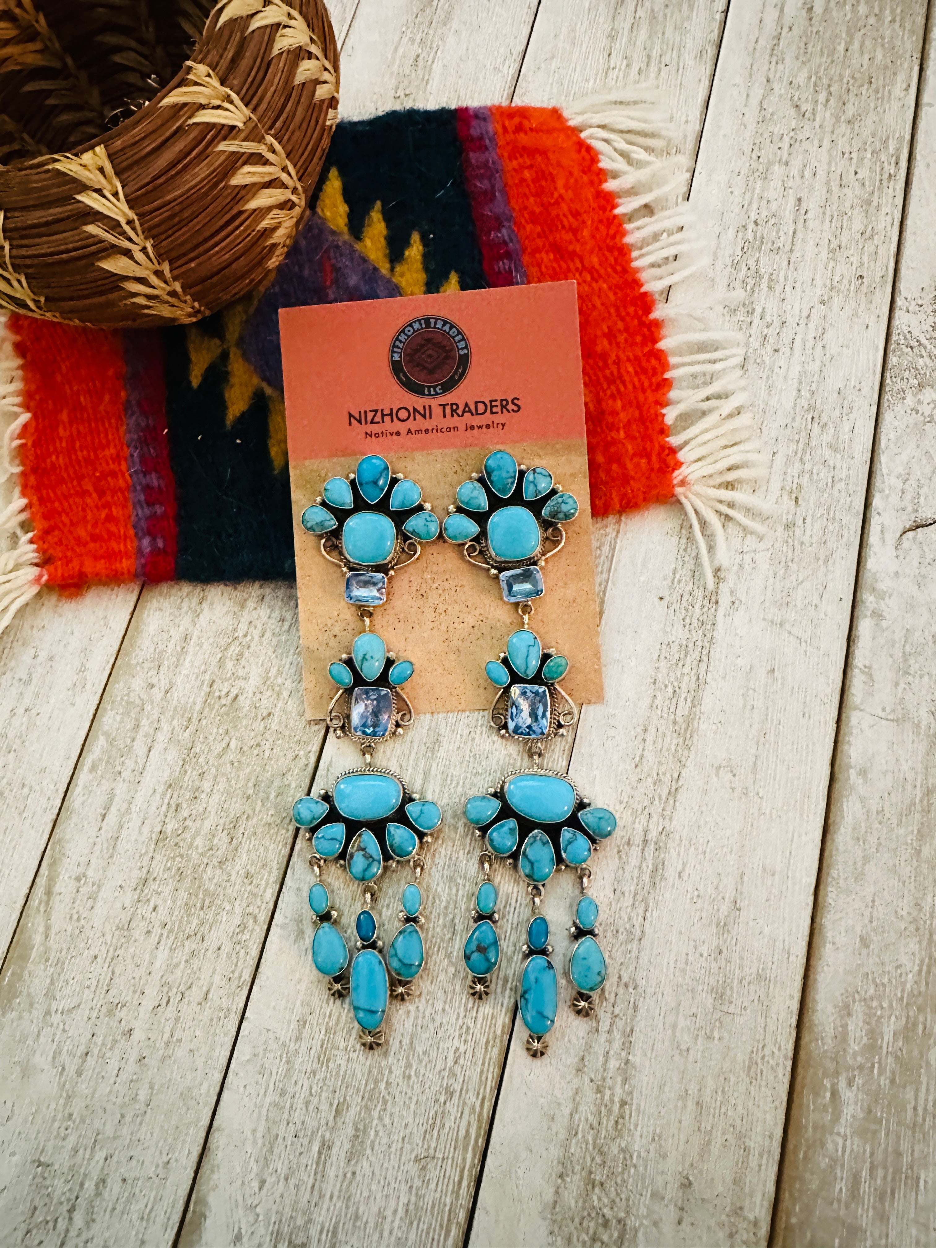 Navajo Turquoise, Topaz & Sterling Silver Chandelier Dangle Earrings