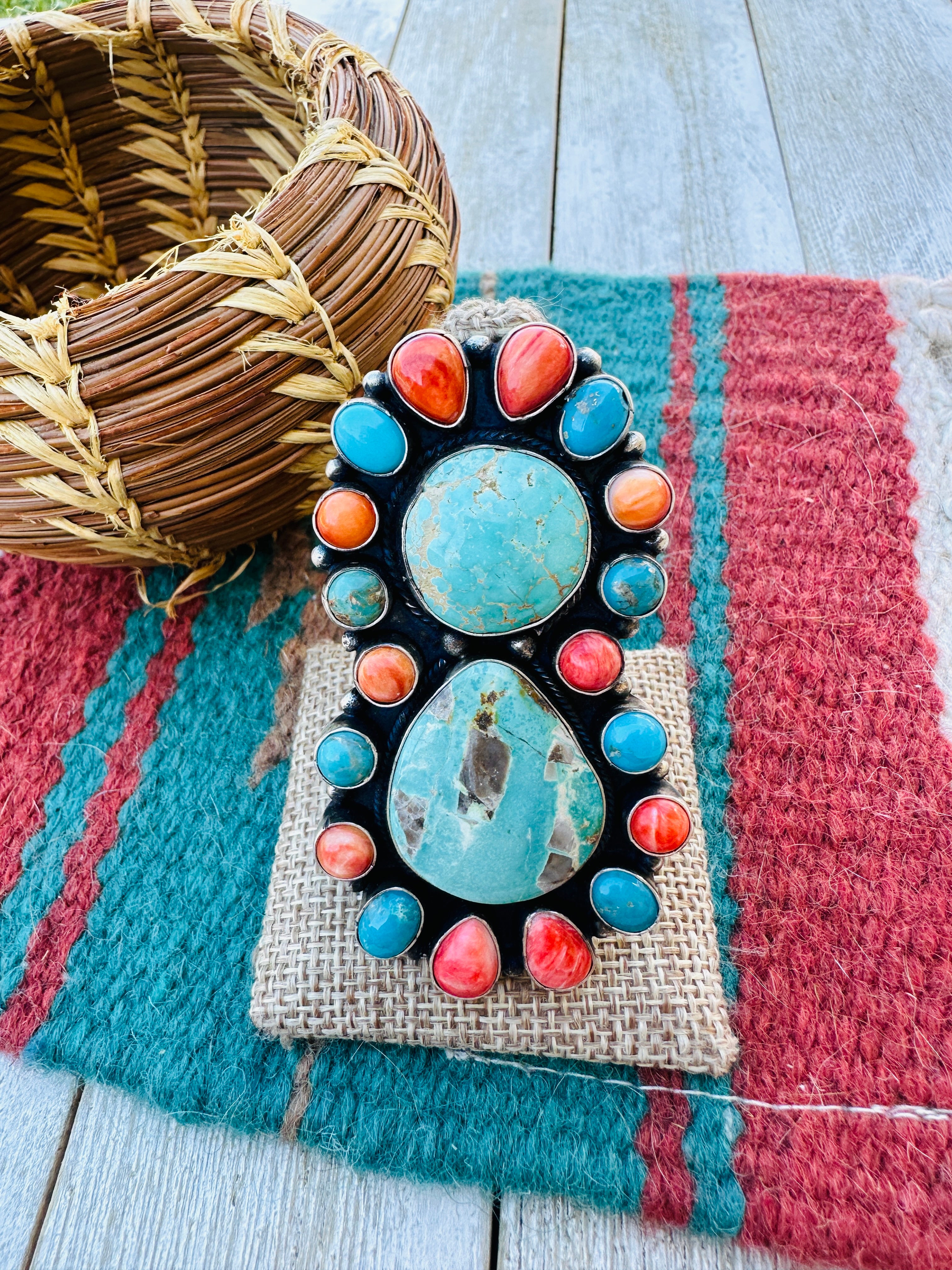 Handcrafted Turquoise, Spiny & Sterling Silver Cluster Ring Size 12 by Sheila Becenti