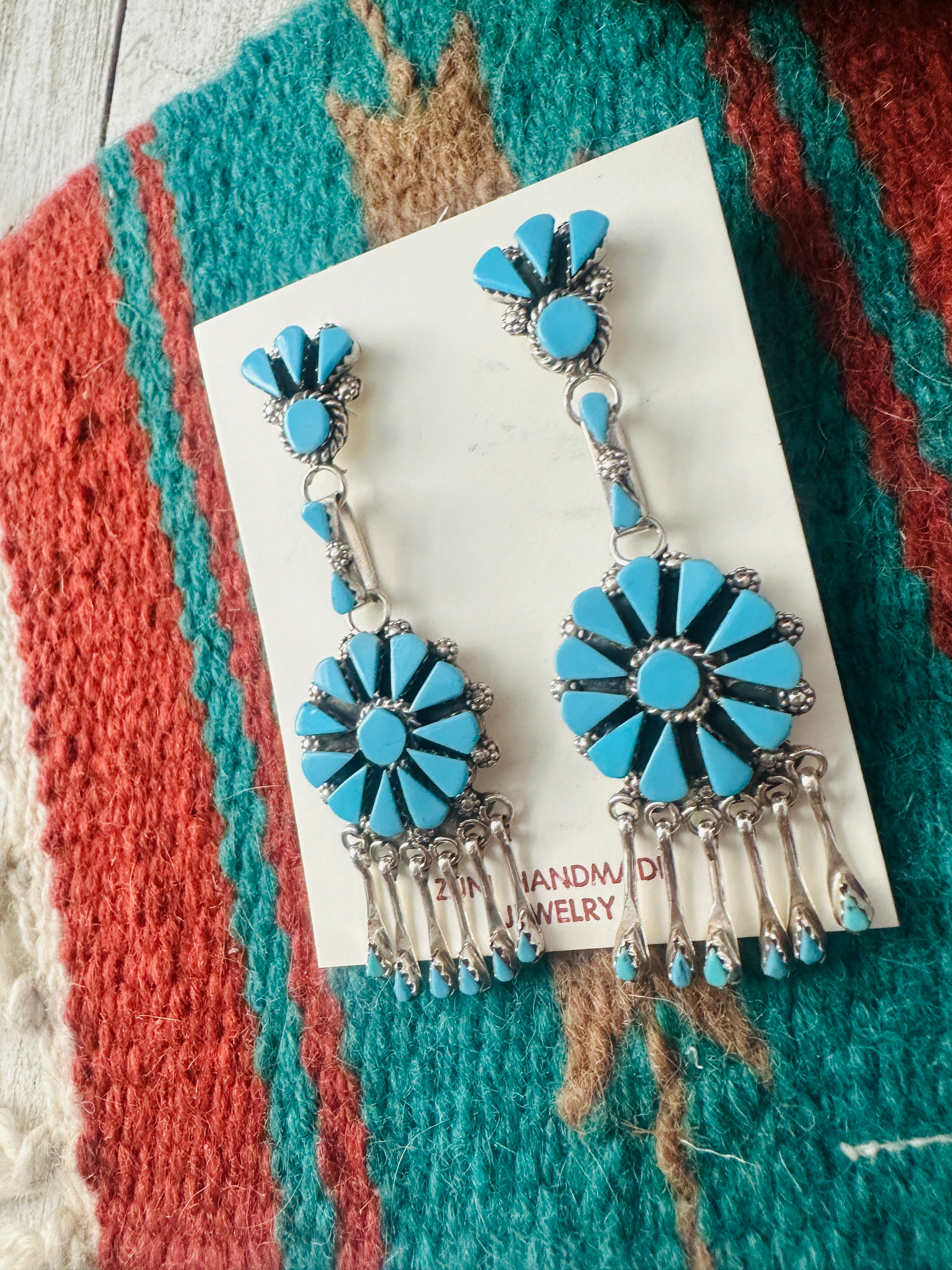 Zuni Sterling Silver & Turquoise Cluster Tassel Dangle Earrings