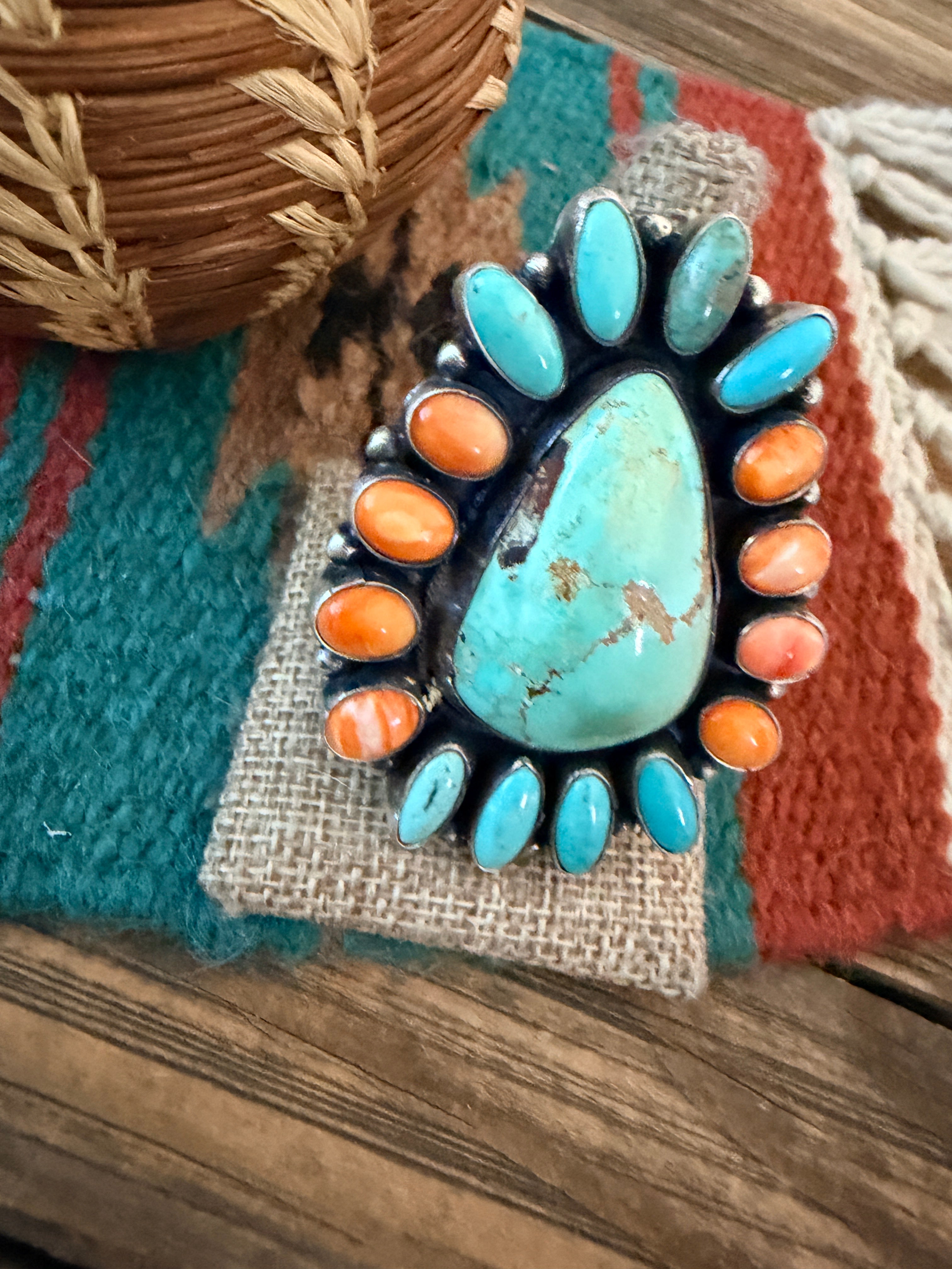 Handcrafted Spiny Oyster, Turquoise & Sterling Silver Cluster Ring by Sheila Becenti Size 11.25