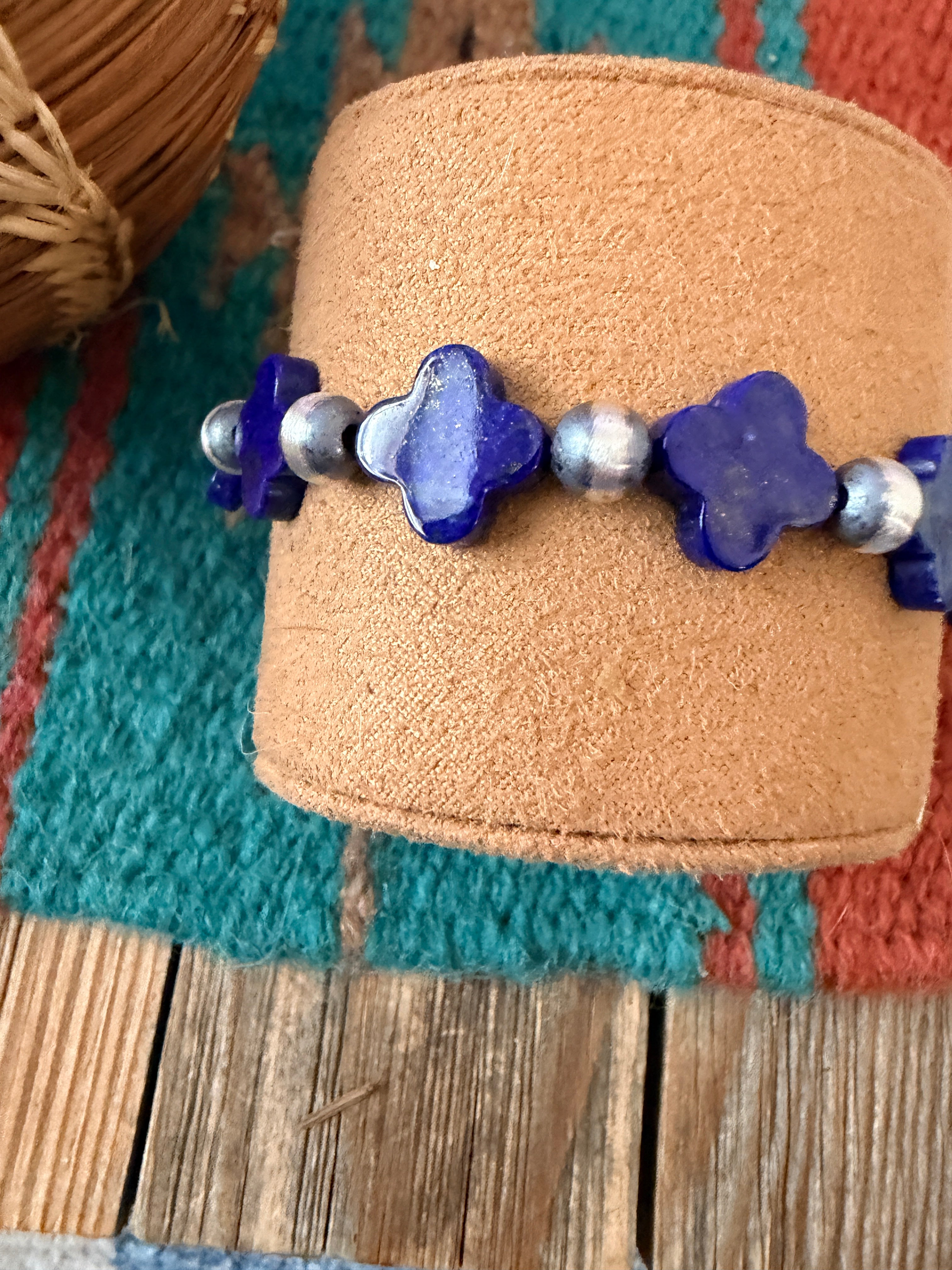 Handcrafted Lapis & Sterling Silver Pearl Cross Beaded Stretch Bracelet