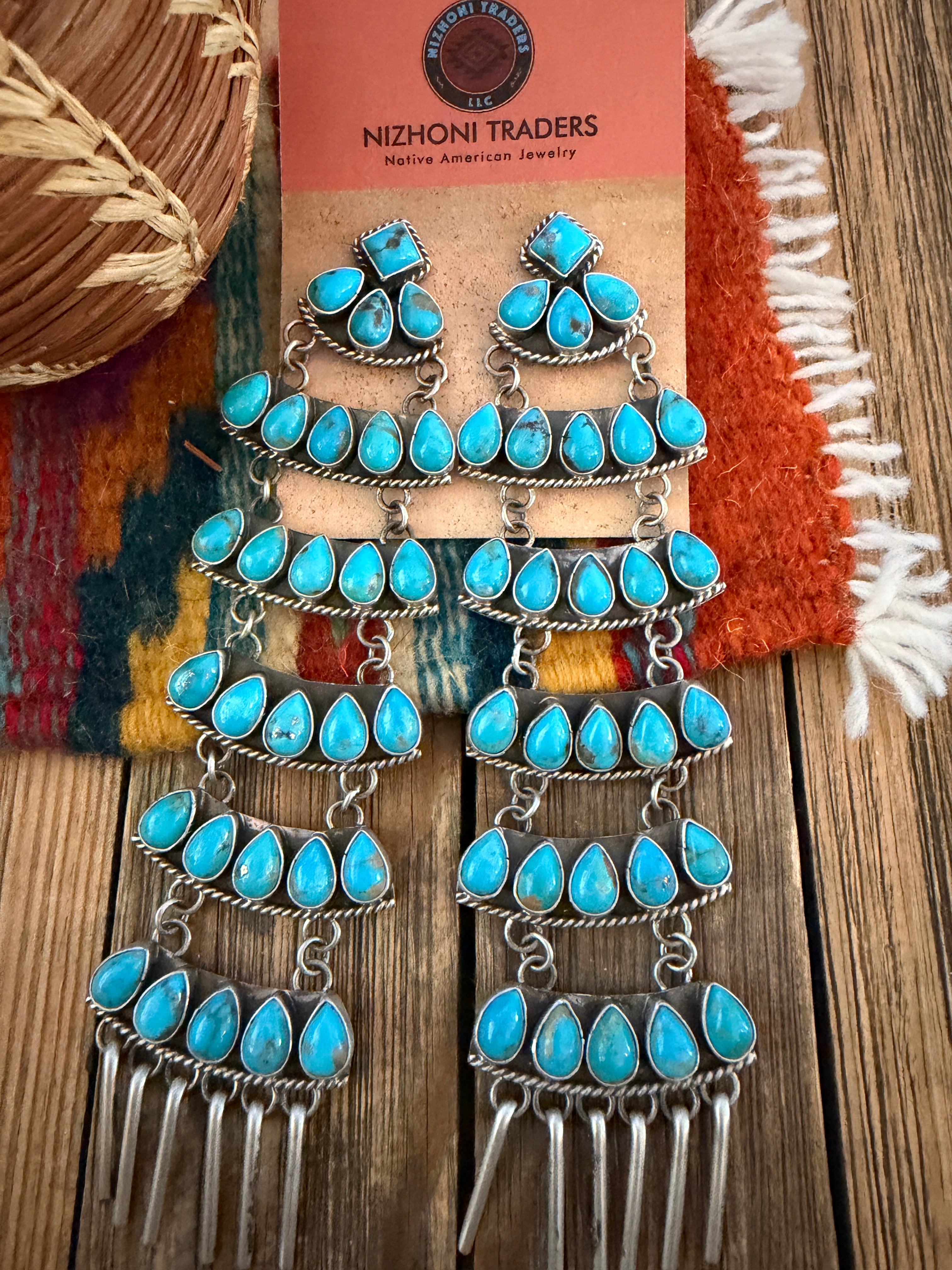 Handcrafted Turquoise & Sterling Silver Chandelier Dangle Earrings by Charles Johnson