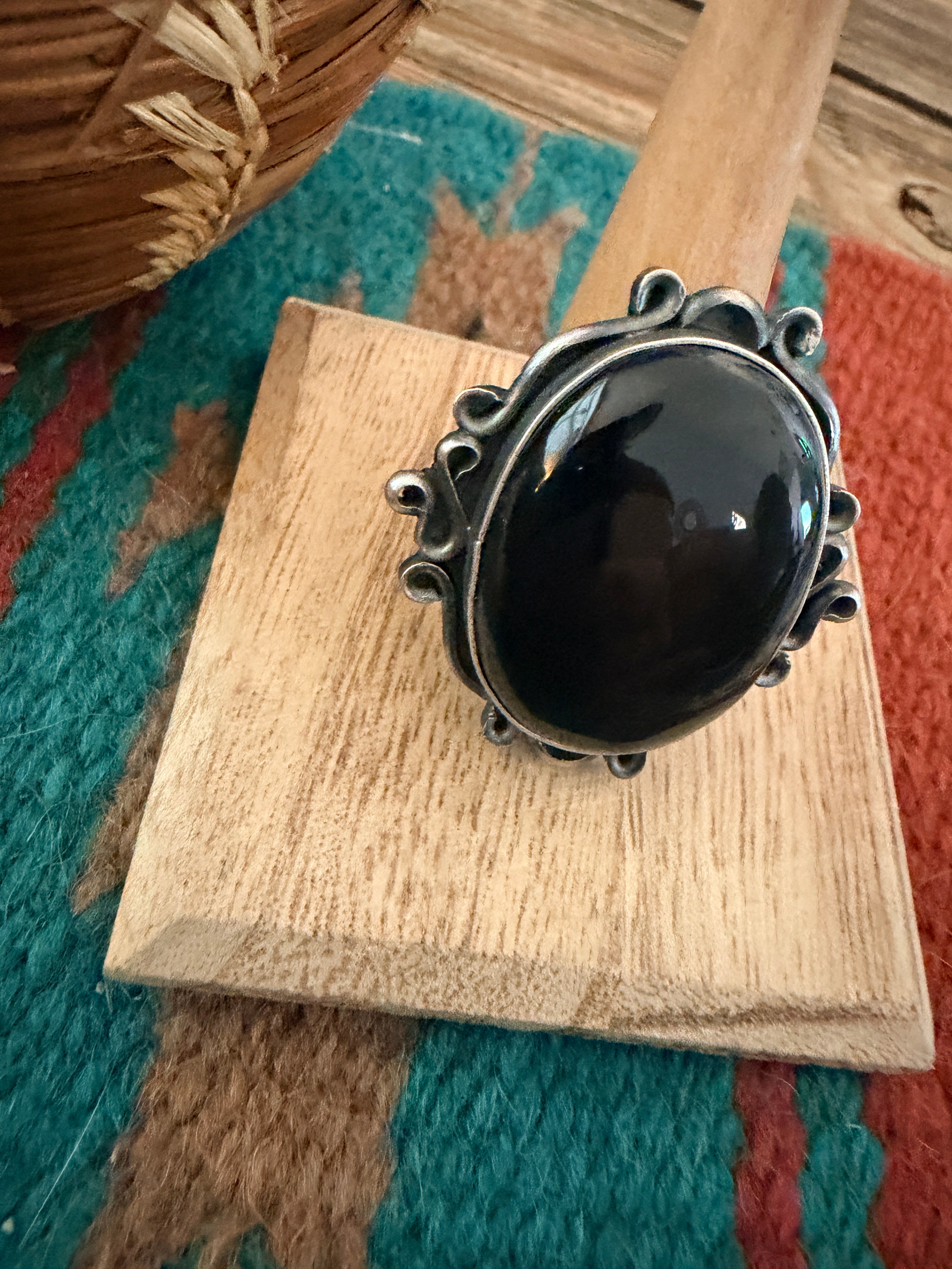 Handcrafted Black Onyx & Sterling Silver Ring Size 9