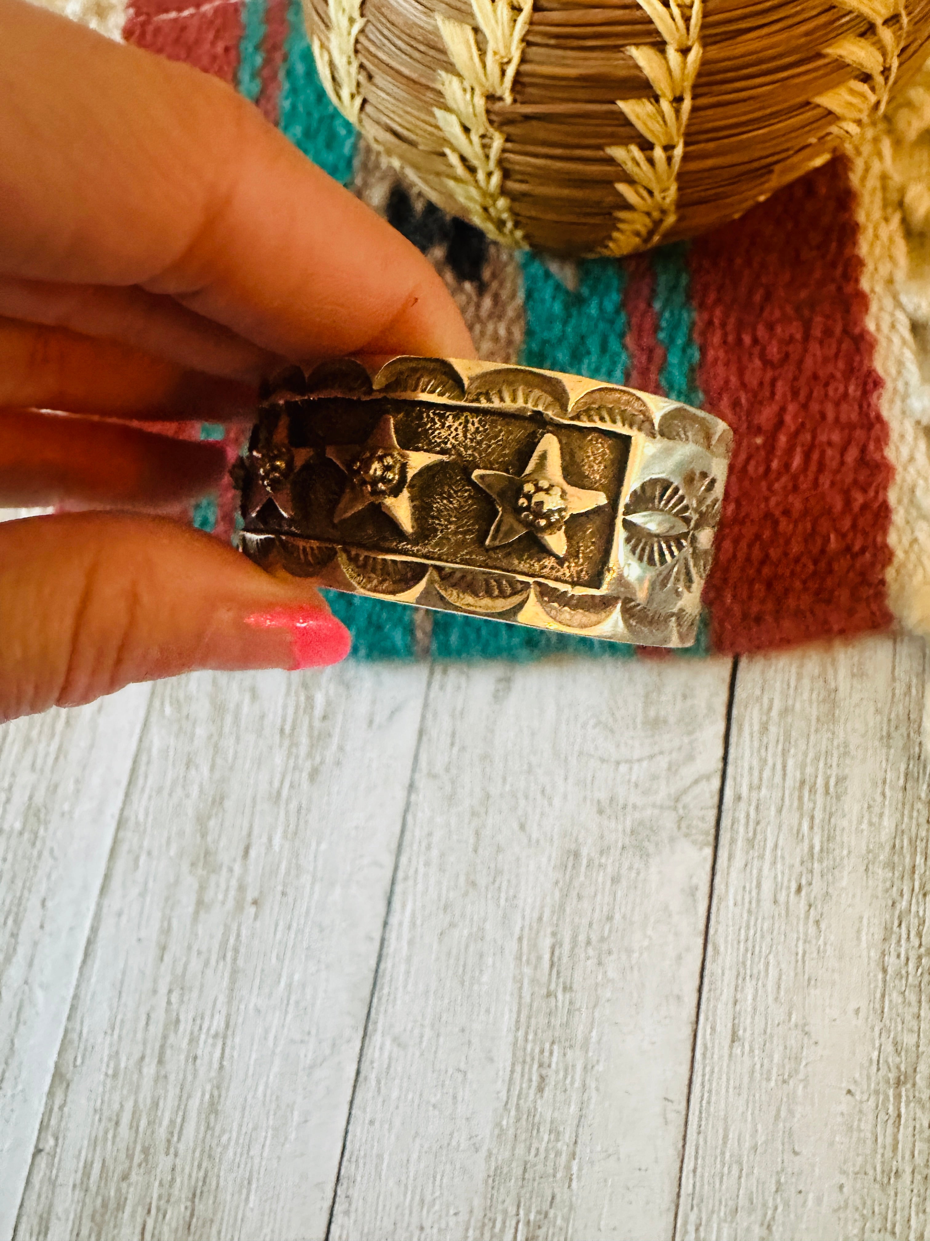 Navajo Hand Stamped Sterling Silver Feather Star Cuff Bracelet