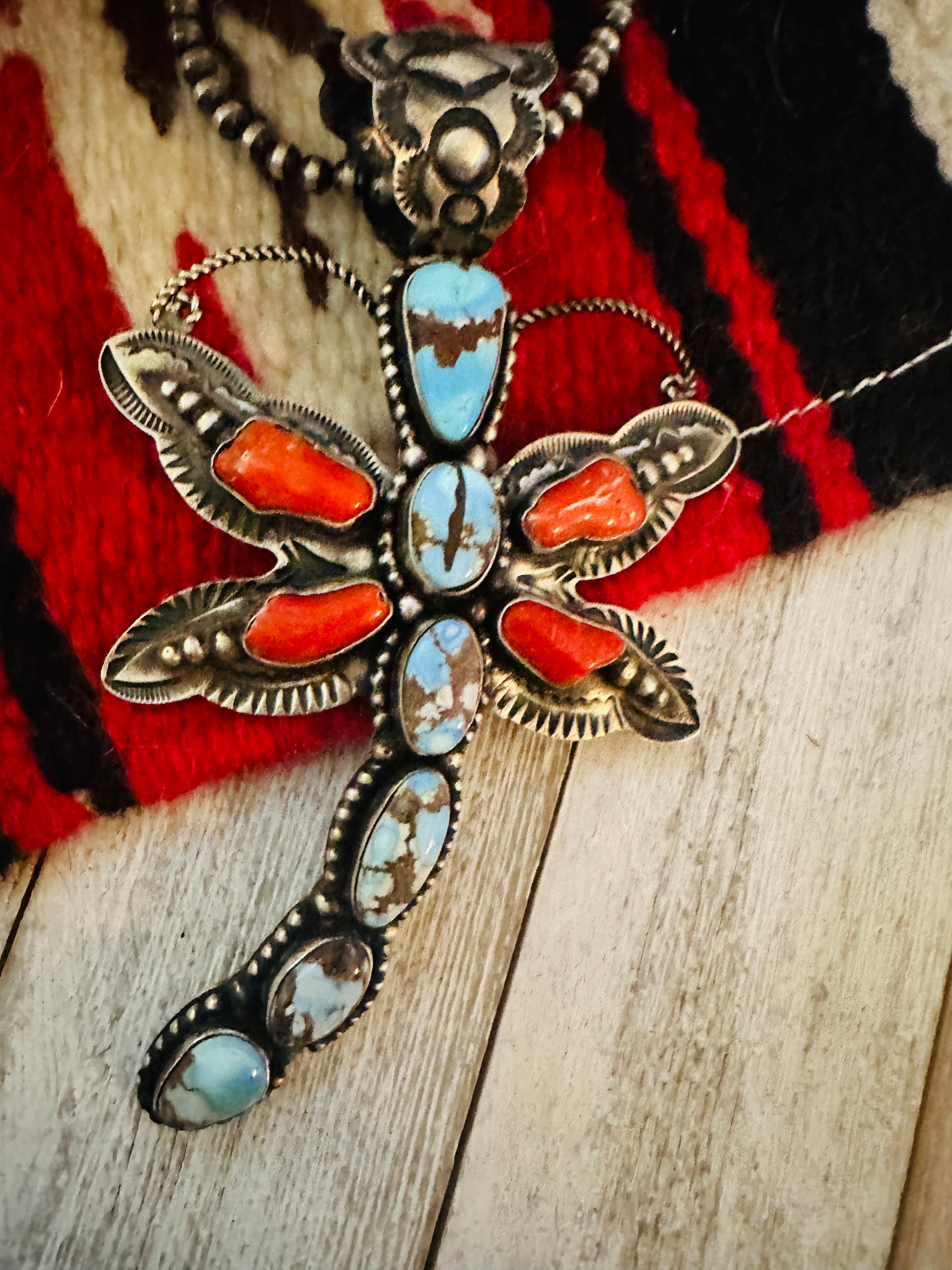 Handcrafted Turquoise, Coral & Sterling Silver Dragonfly Pendant By Sh