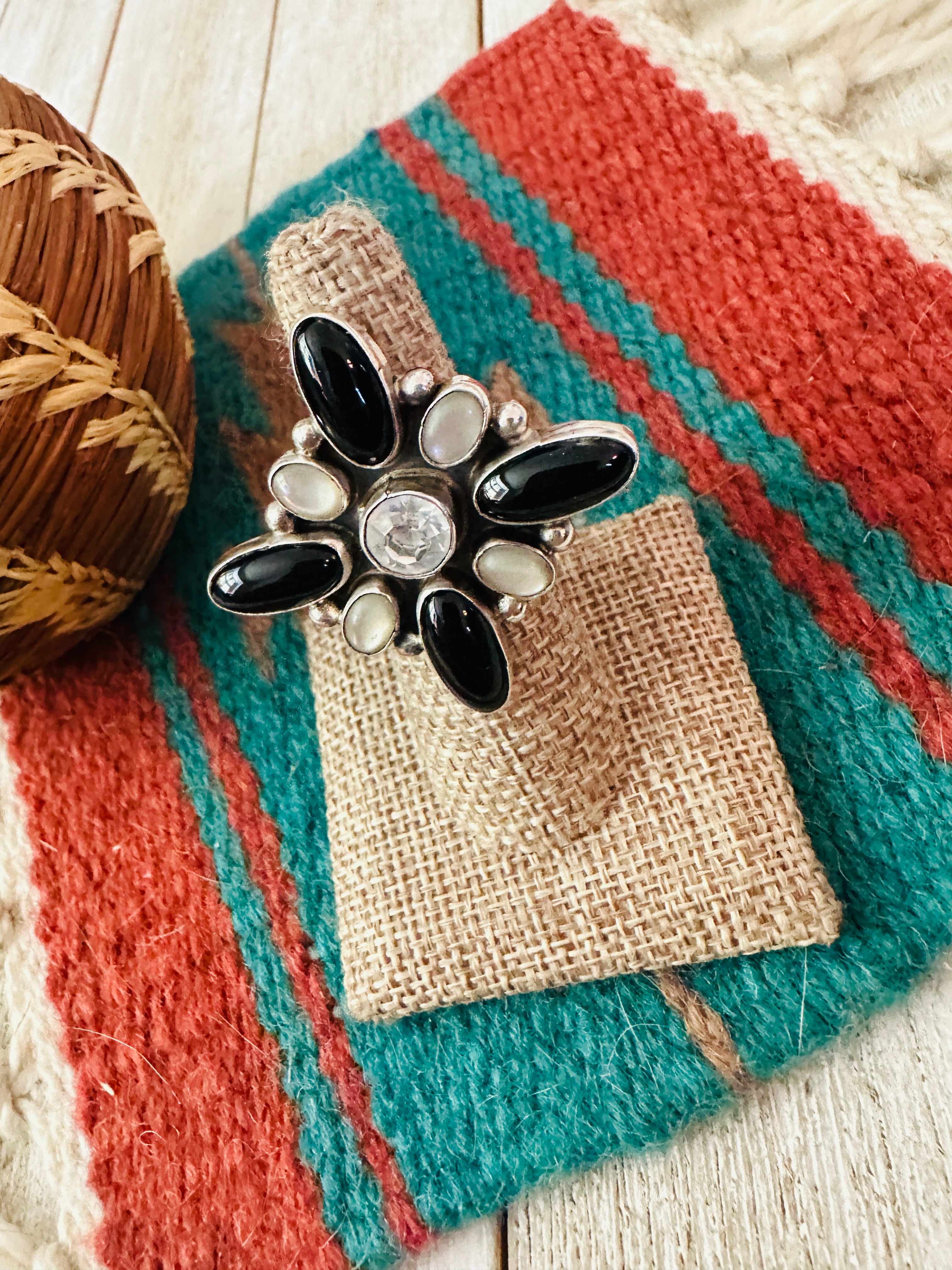 Handcrafted Mother of Pearl, Onyx & Sterling Silver Adjustable Ring by Jacqueline Silver