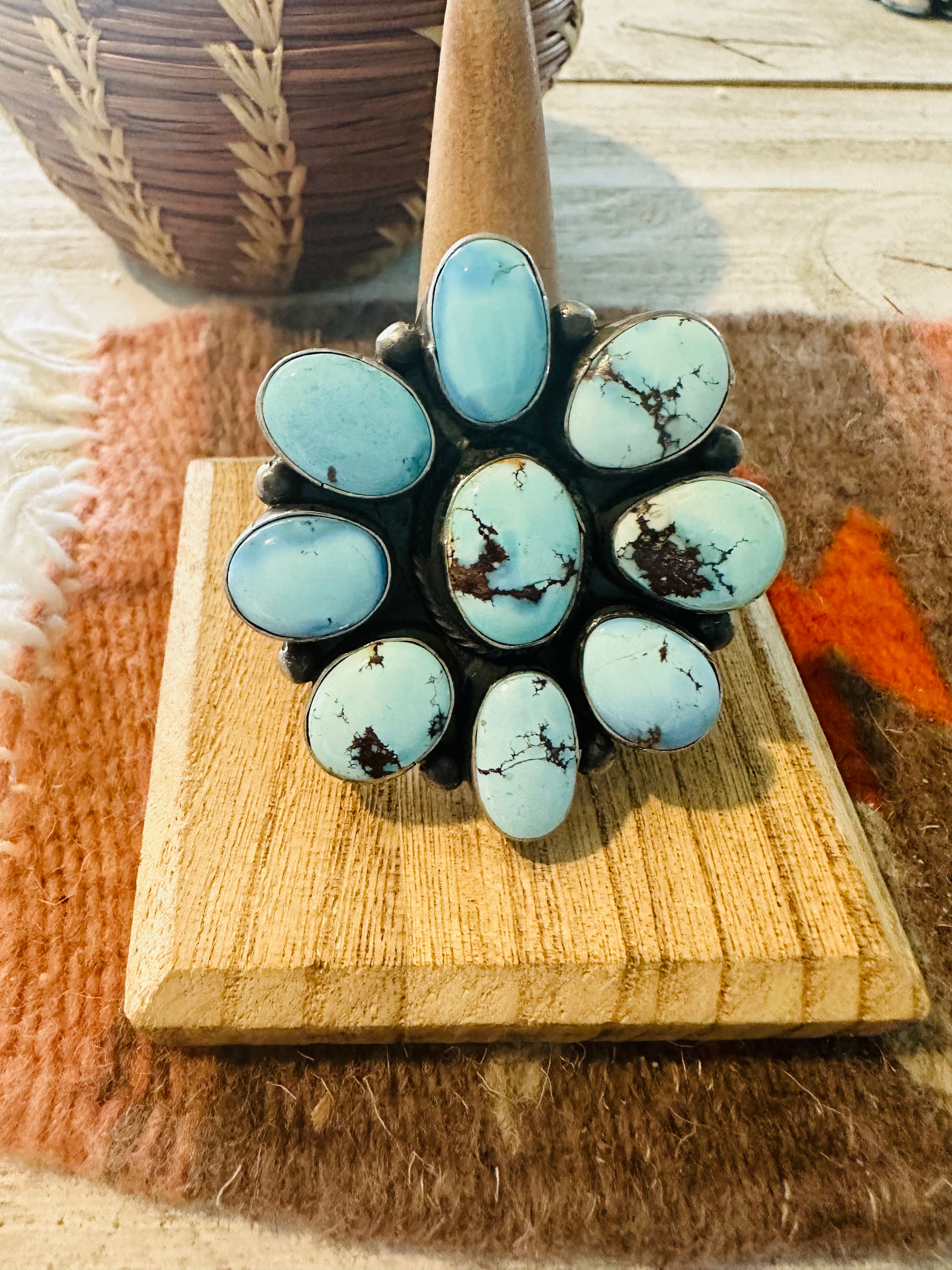 Navajo Golden Hills Turquoise & Sterling Silver Cluster Ring Size 9