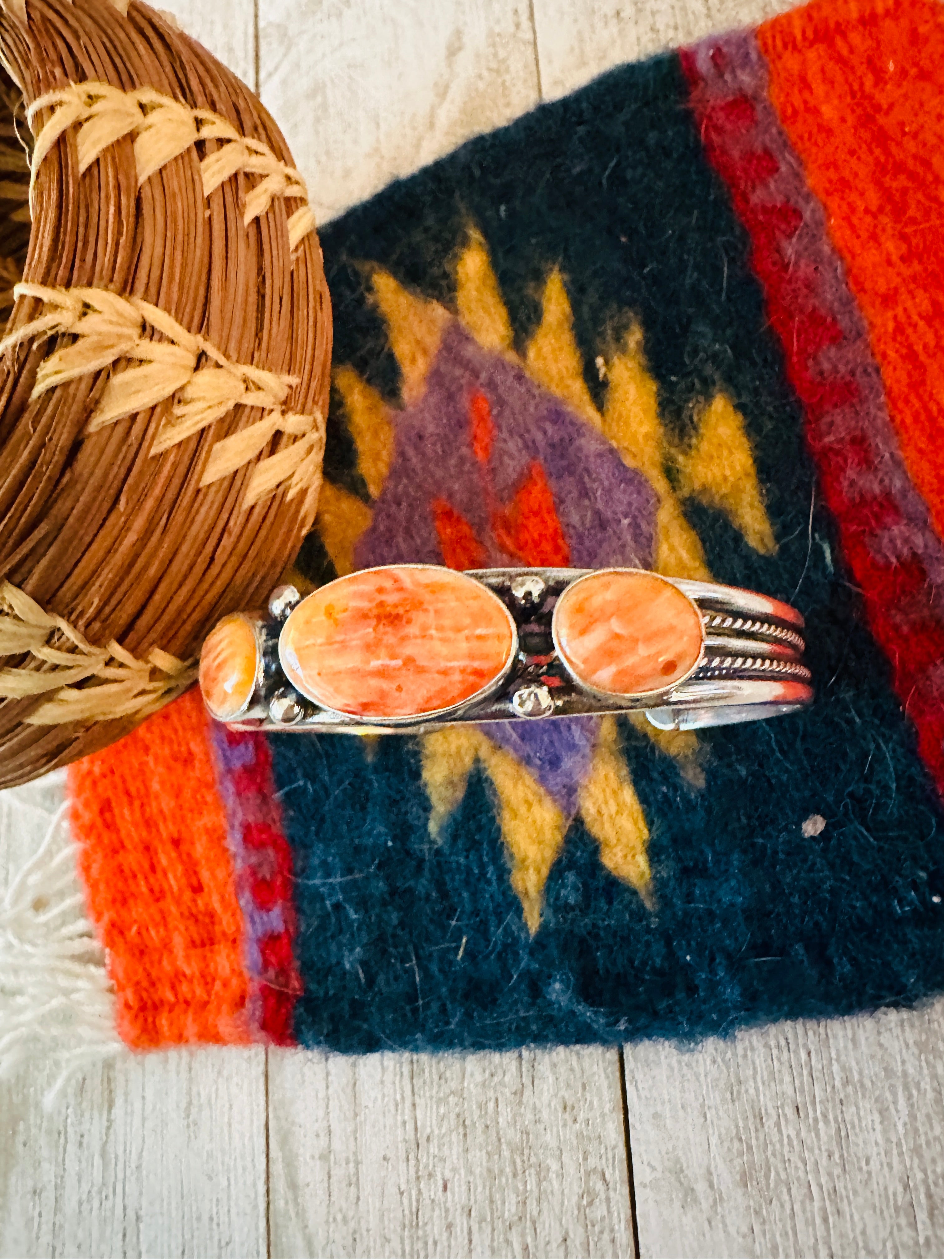 Navajo Sterling Silver & Orange Spiny Oyster Cuff Bracelet