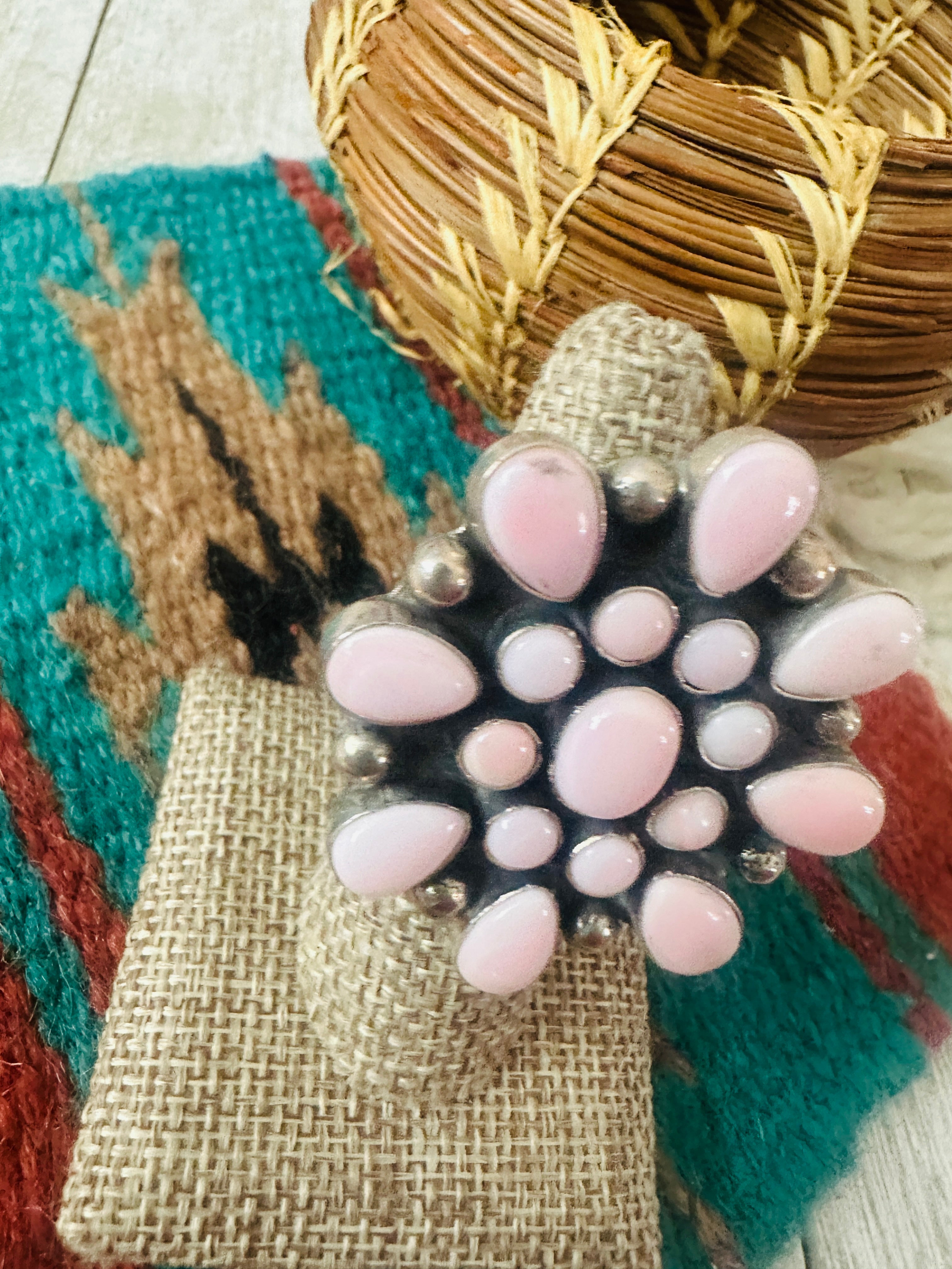 Handcrafted Sterling Silver & Queen Pink Conch Cluster Adjustable Ring