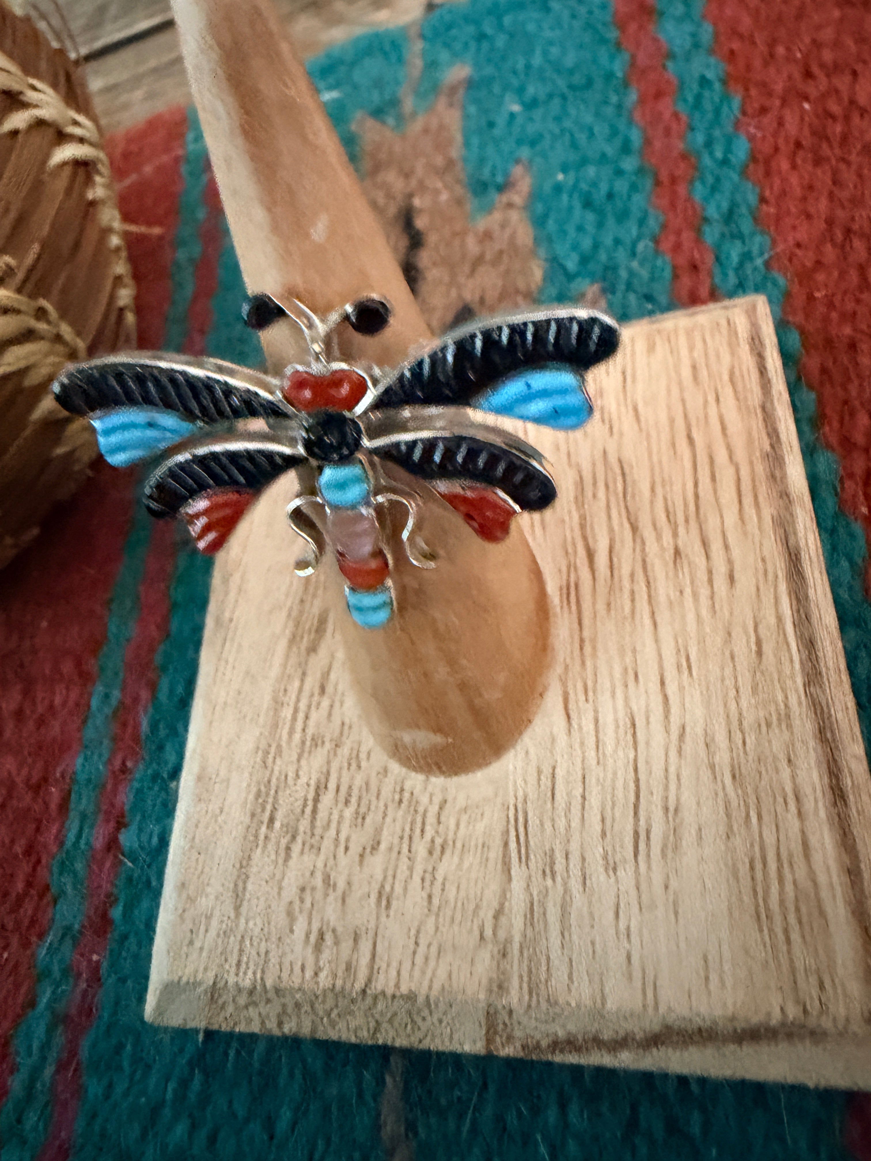Old Pawn Handcrafted Multi Stone & Sterling Silver Dragonfly Ring Size 5
