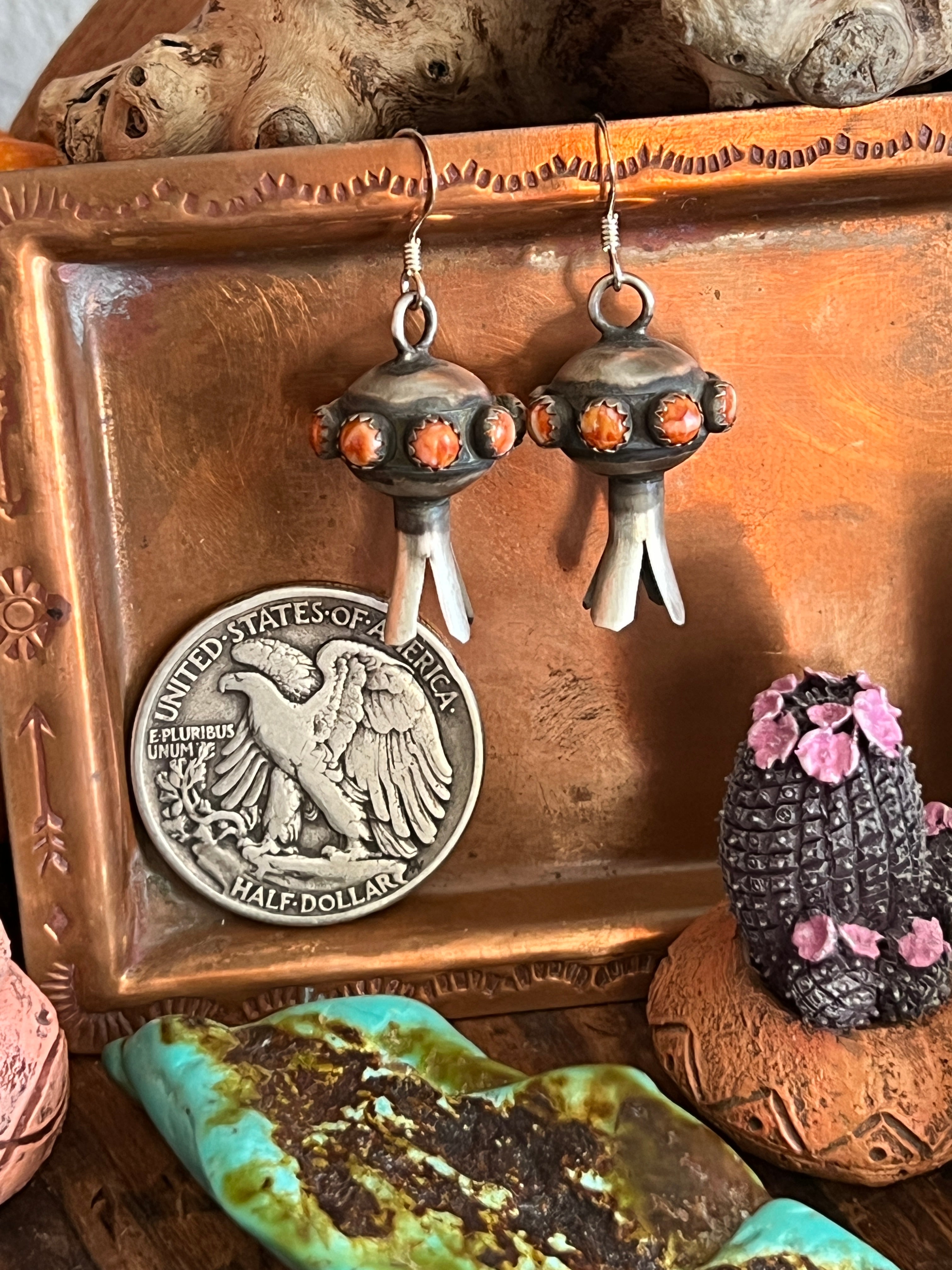 Handcrafted Sterling Silver Blossom Dangle Earrings w/ Orange Spiny Oyster by Monica Smith