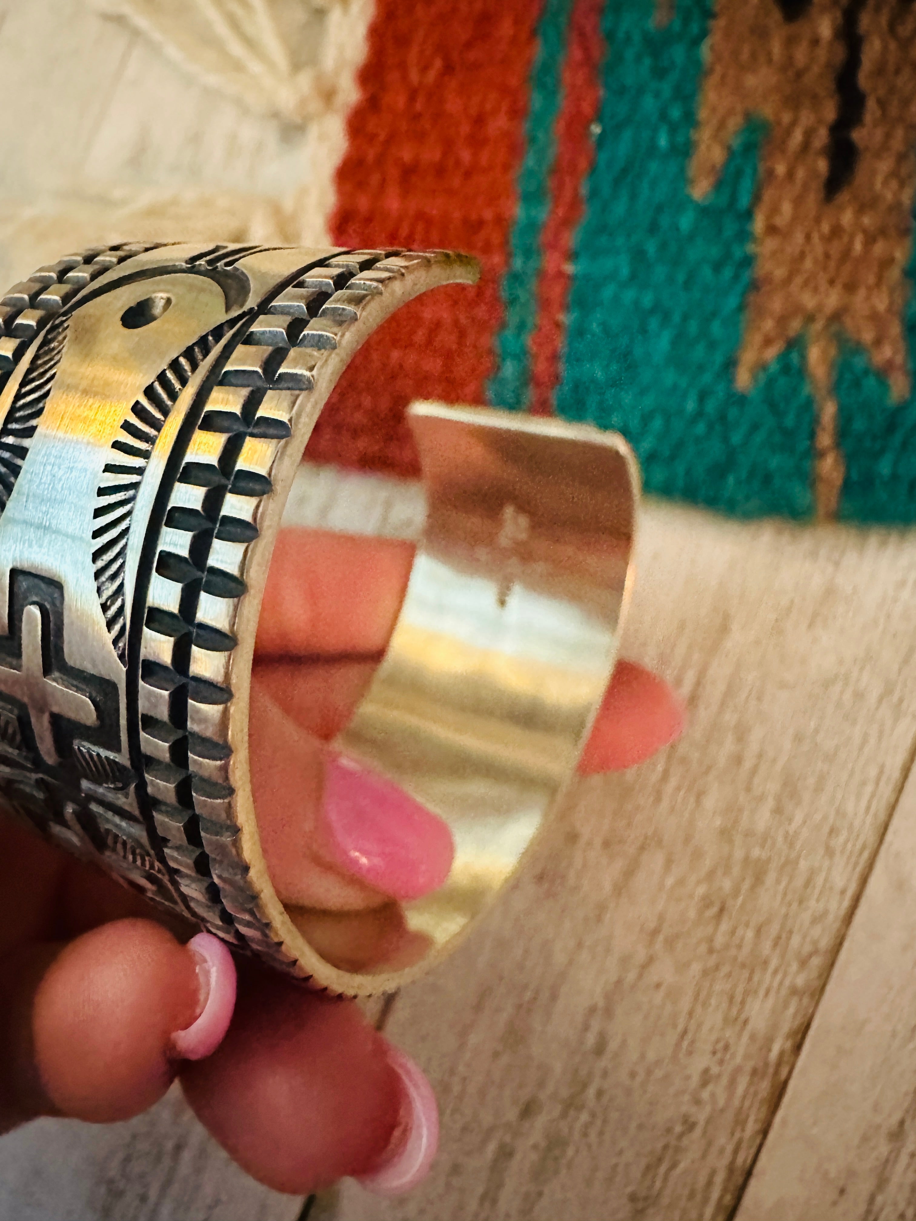 Navajo Hand Stamped Sterling Silver Cross Cuff Bracelet By Elvira Bill