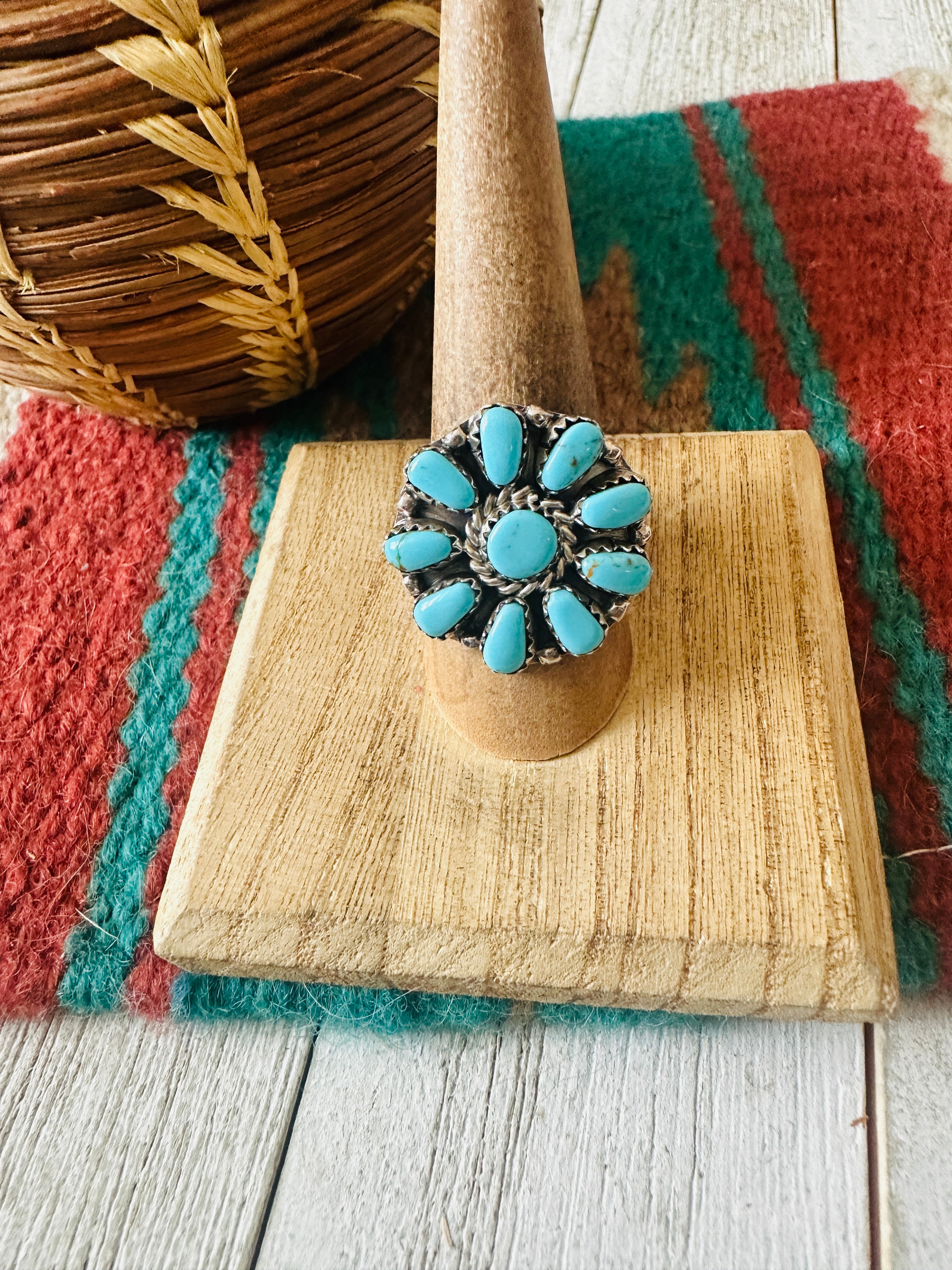 Navajo Sterling Silver & Kingman Turquoise Ring Size 10