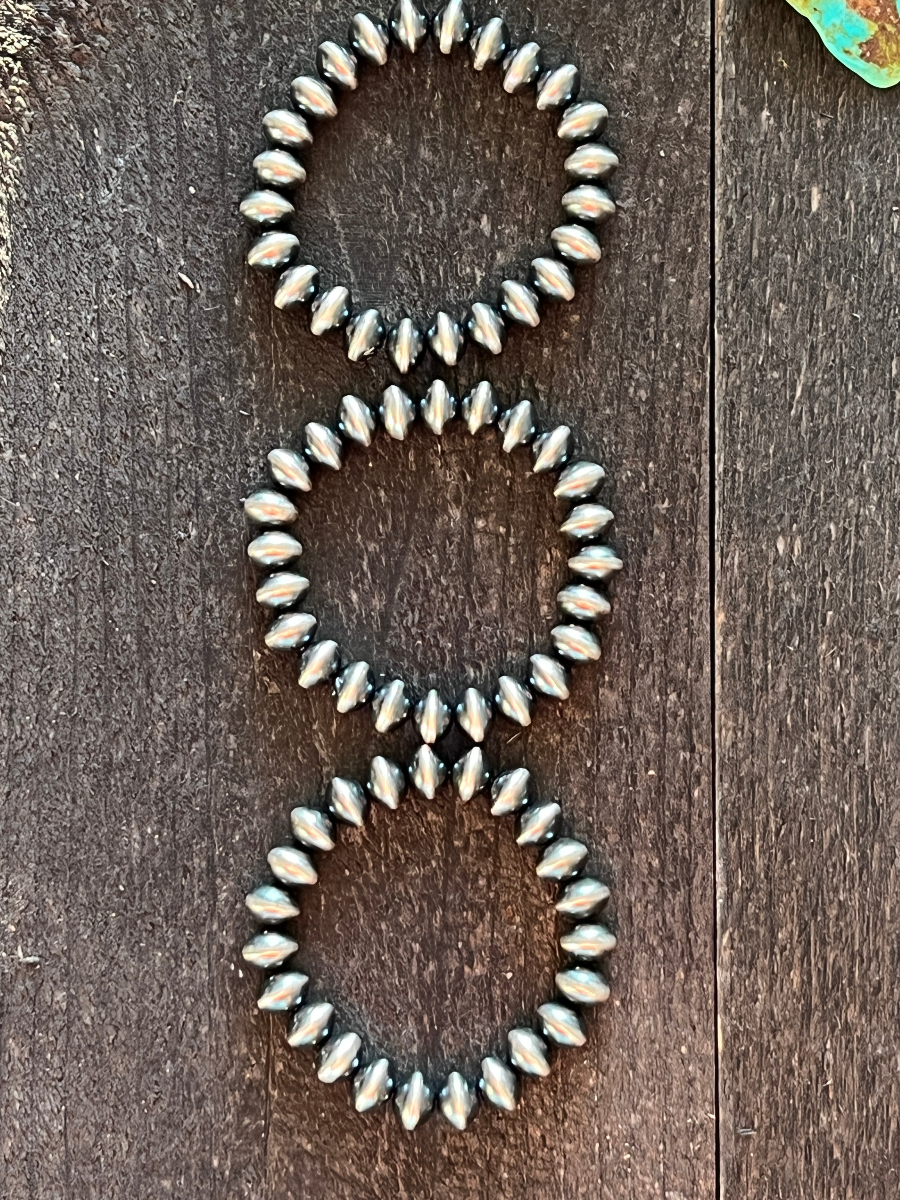 Vinita Cowboy Handcrafted Sterling Silver Stretch 10mm Saucer Bead Bracelets